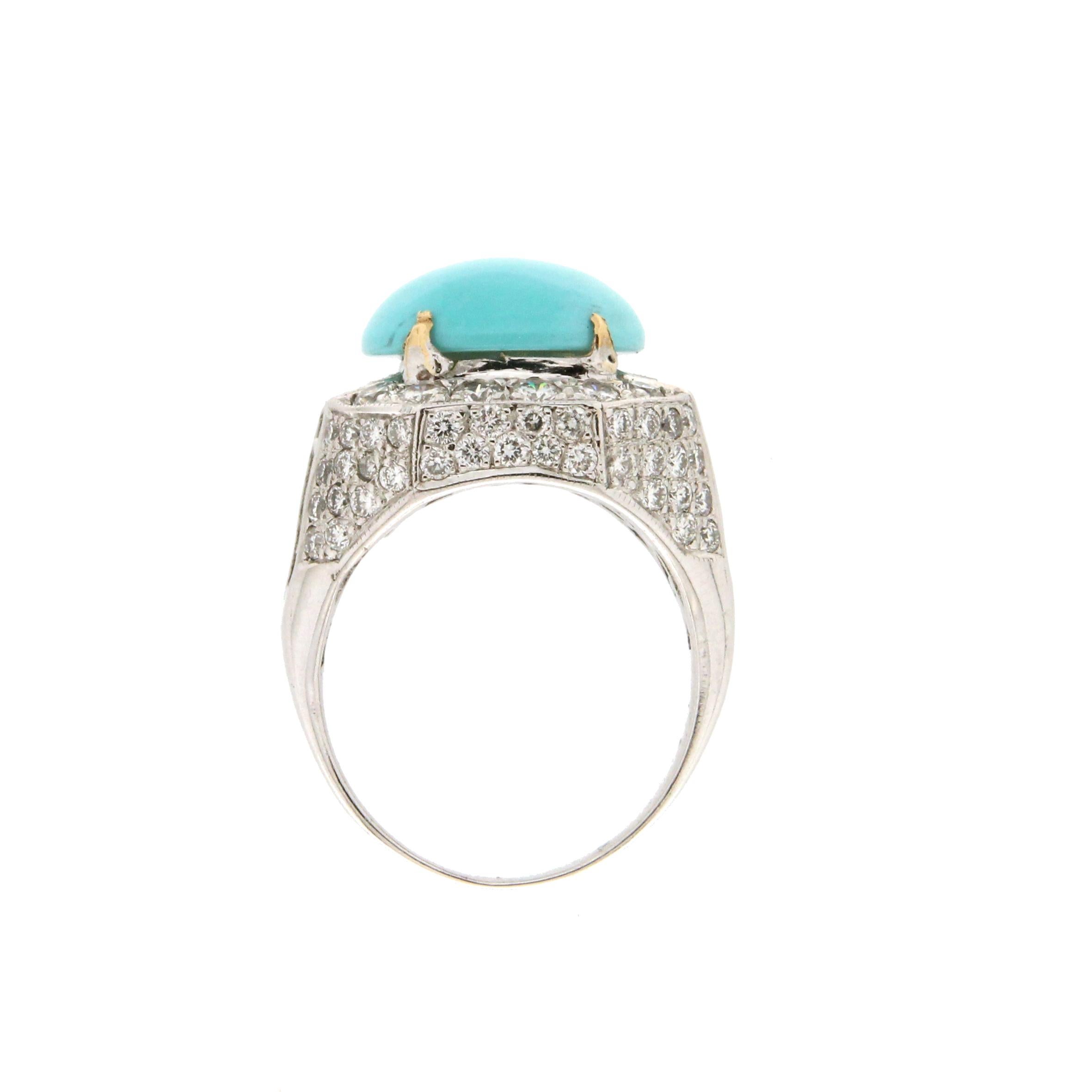 Brilliant Cut Handcraft Turquoise 18 Karat White Gold Diamonds Cocktail Ring For Sale