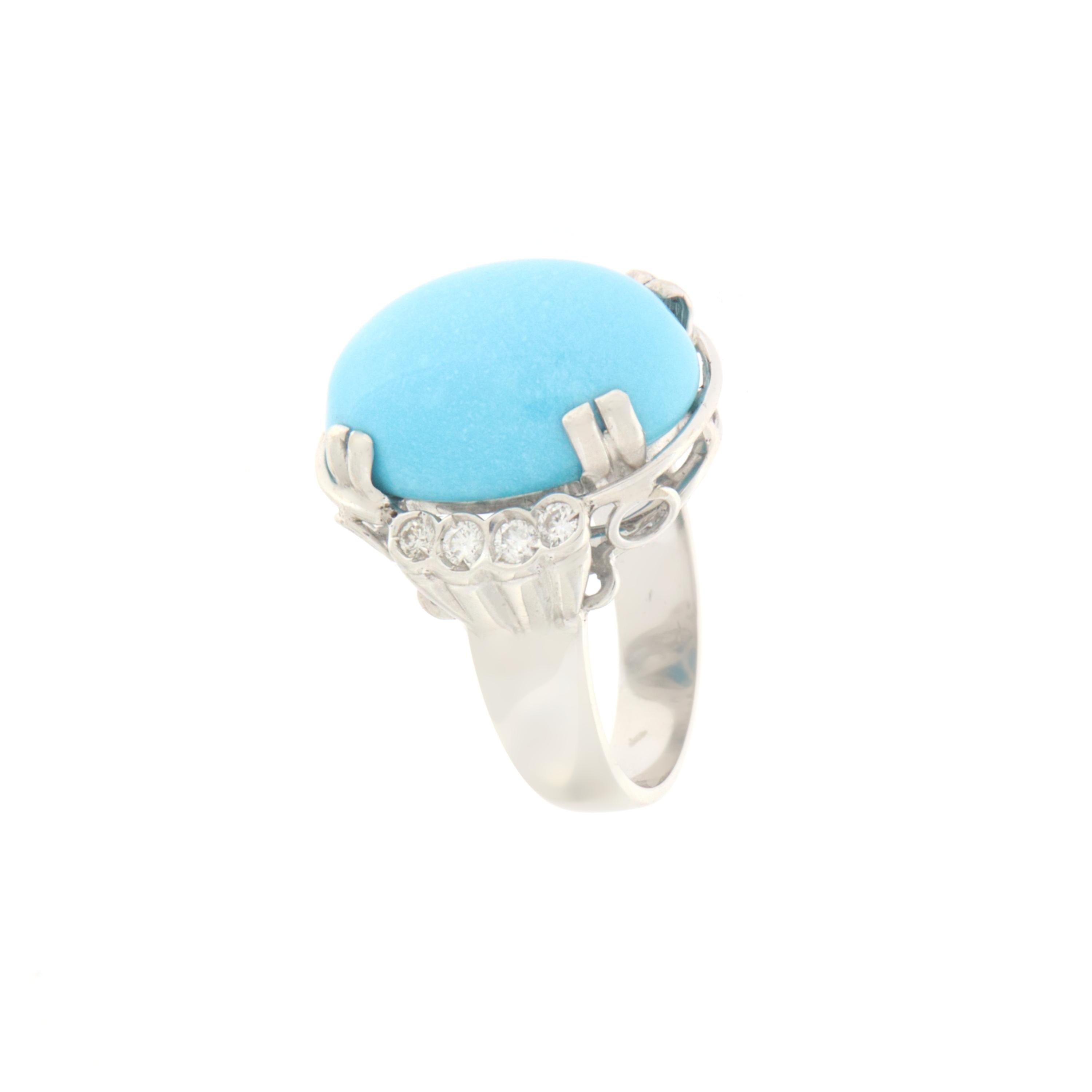 Brilliant Cut Handcraft Turquoise 18 Karat White Gold Diamonds Cocktail Ring For Sale