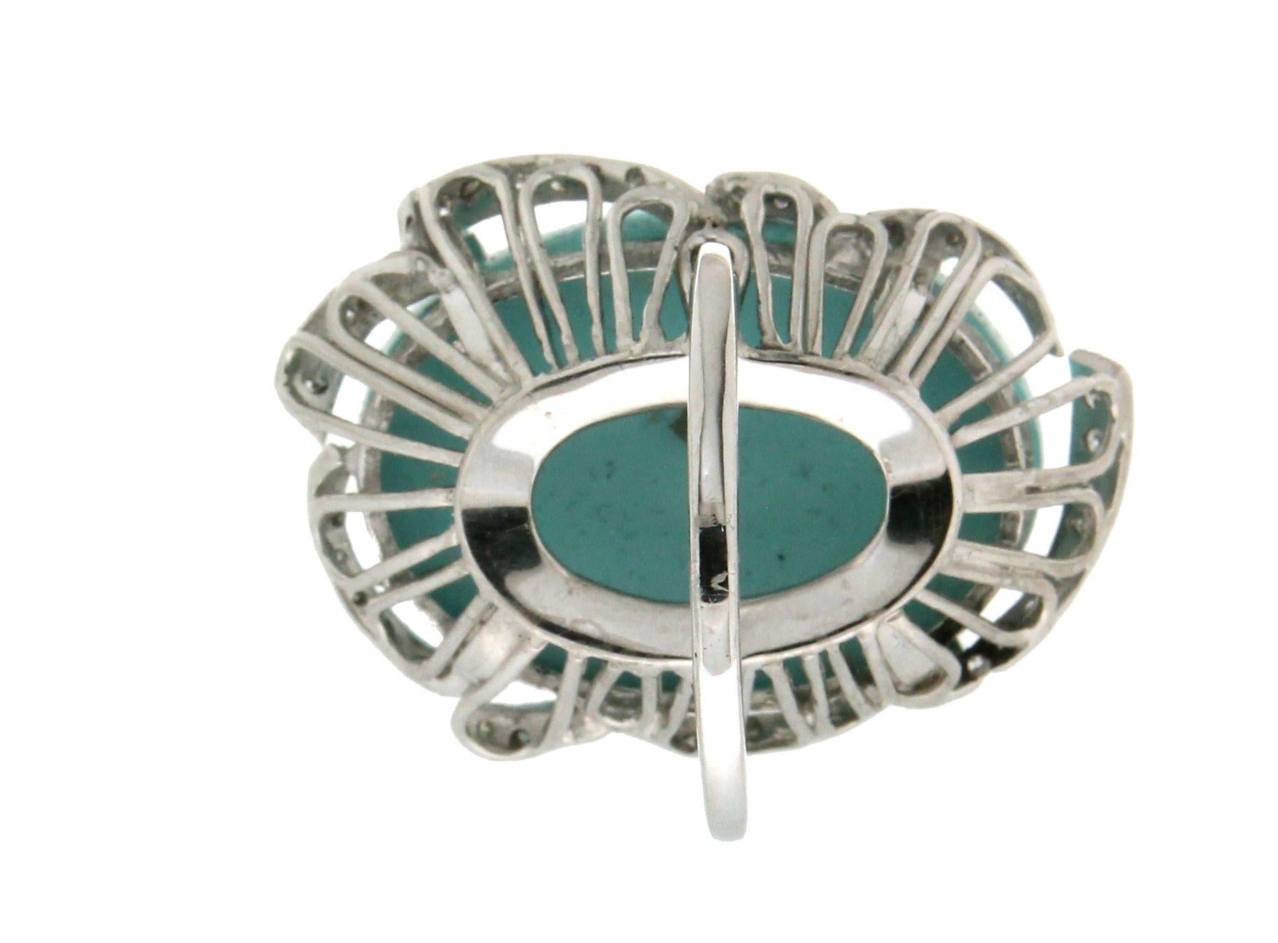 Handcraft Turquoise 18 Karat White Gold Diamonds Cocktail Ring In New Condition For Sale In Marcianise, IT