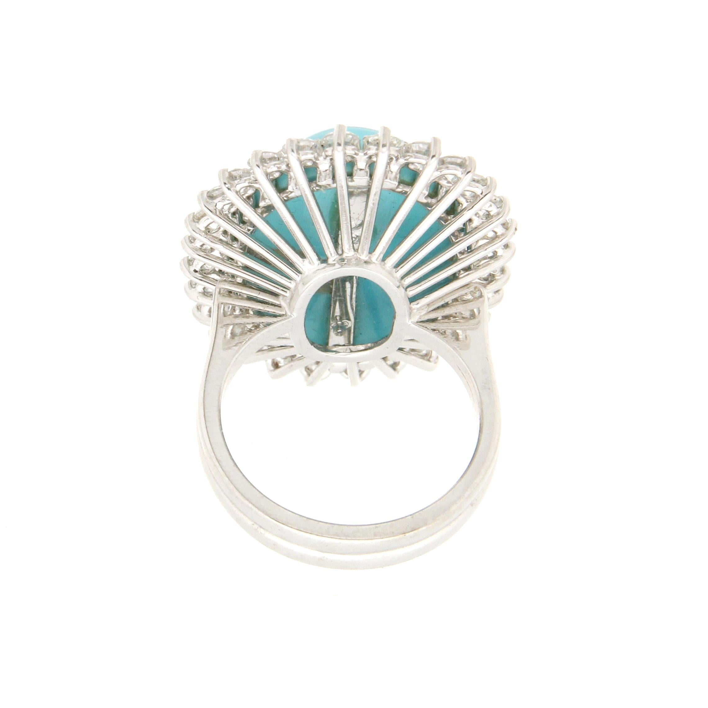Handcraft Turquoise 18 Karat White Gold Diamonds Cocktail Ring In New Condition In Marcianise, IT