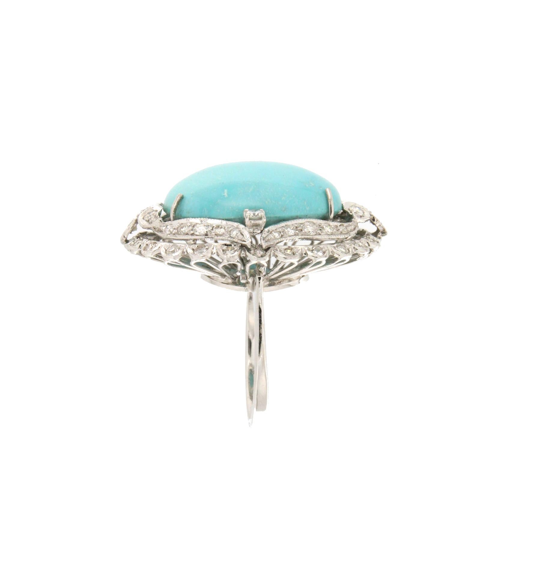 Handcraft Turquoise 18 Karat White Gold Diamonds Cocktail Ring In New Condition In Marcianise, IT