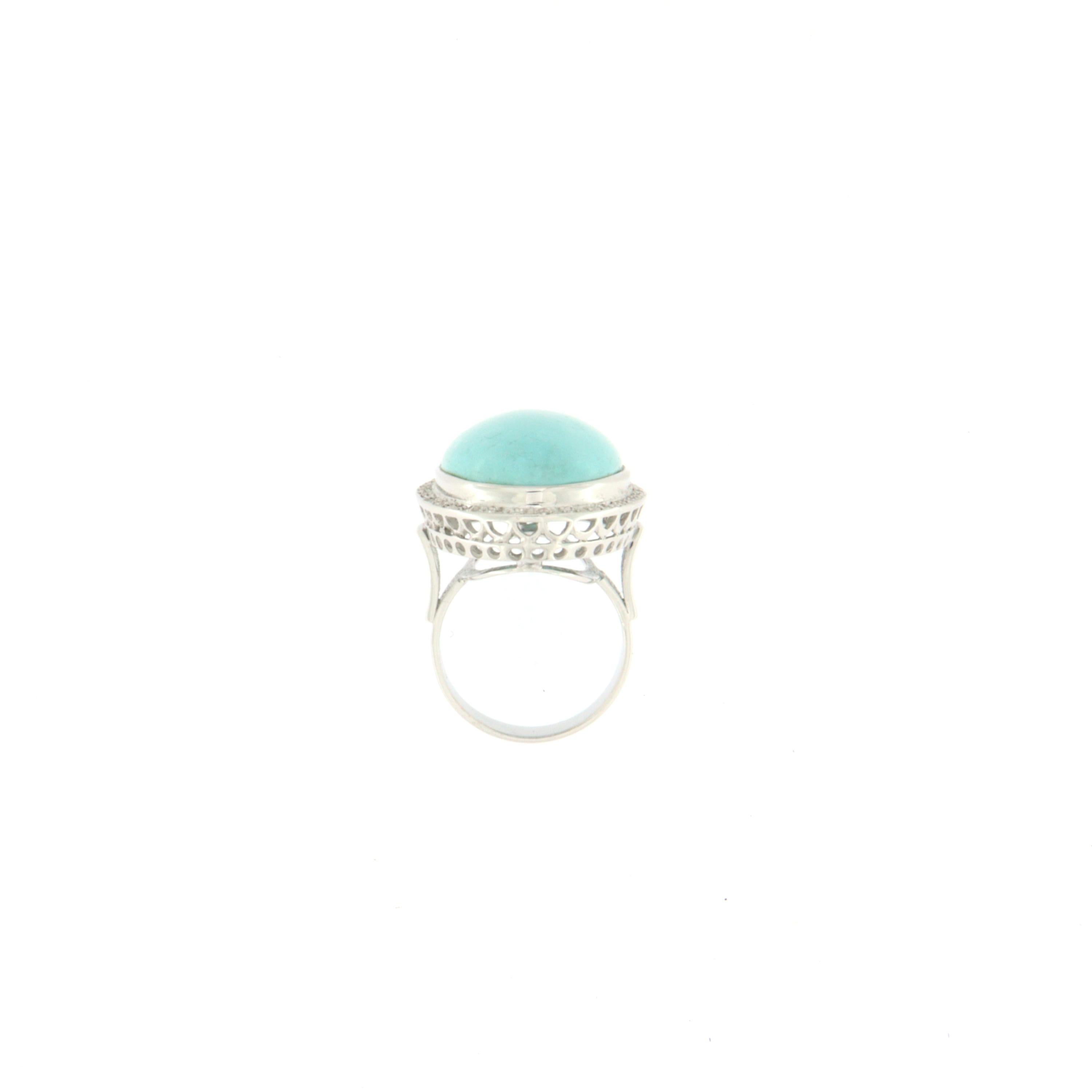 Handcraft Turquoise 18 Karat White Gold Diamonds Cocktail Ring In New Condition For Sale In Marcianise, IT