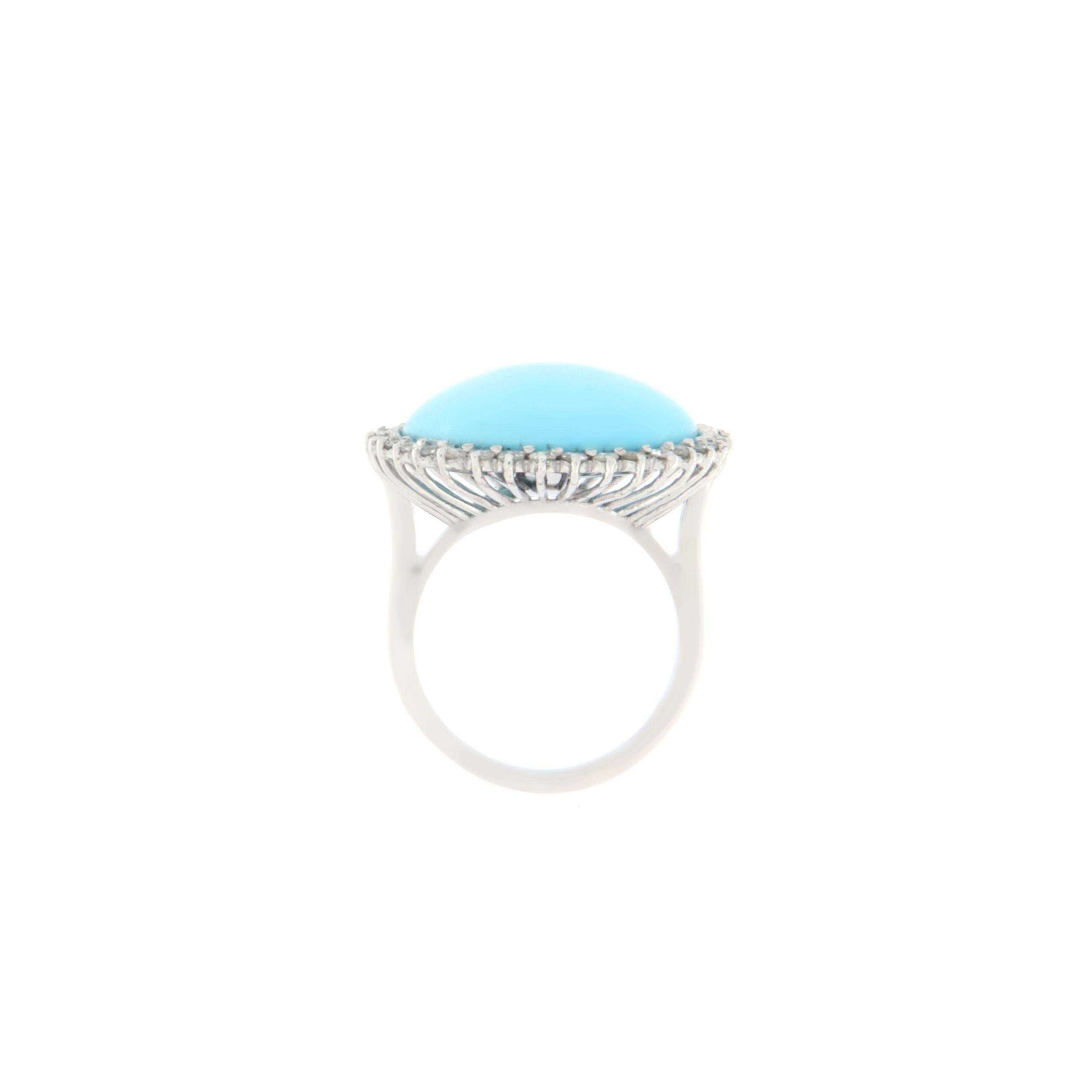 Handcraft Turquoise 18 Karat White Gold Diamonds Cocktail Ring In New Condition For Sale In Marcianise, IT