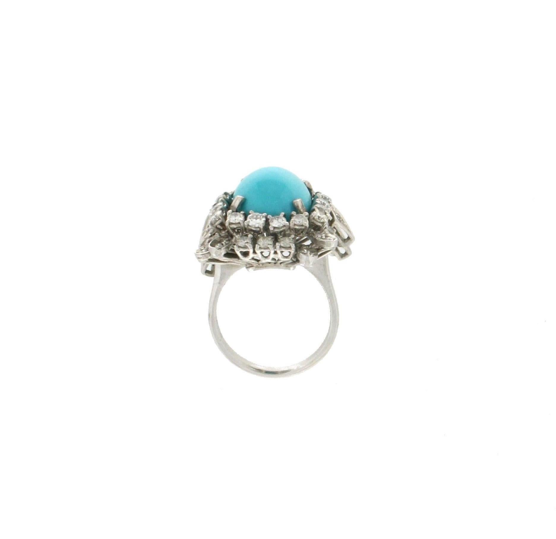 Handcraft Turquoise 18 Karat White Gold Diamonds Cocktail Ring In New Condition For Sale In Marcianise, IT
