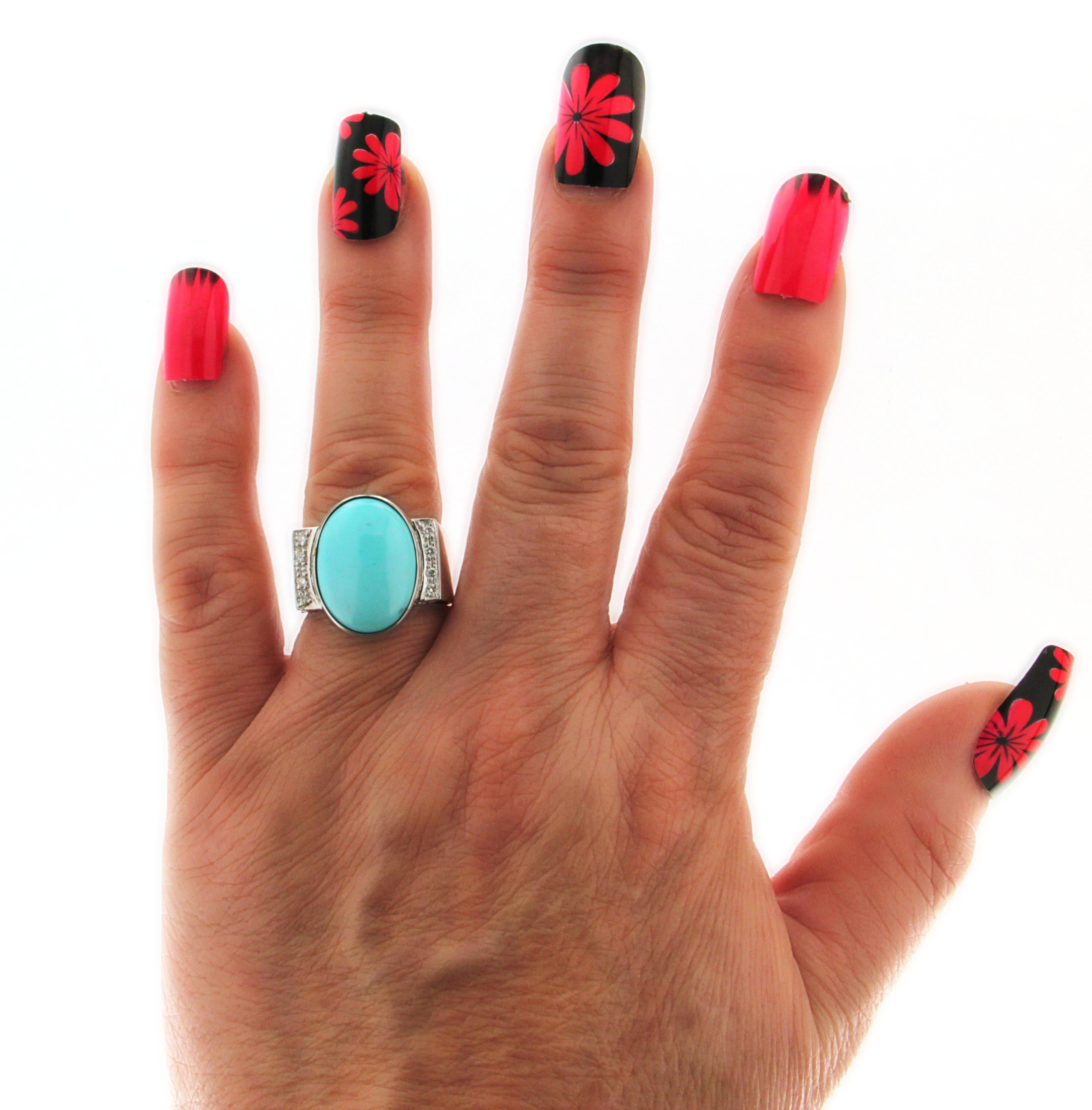 Handcraft Turquoise 18 Karat White Gold Diamonds Cocktail Ring In New Condition For Sale In Marcianise, IT