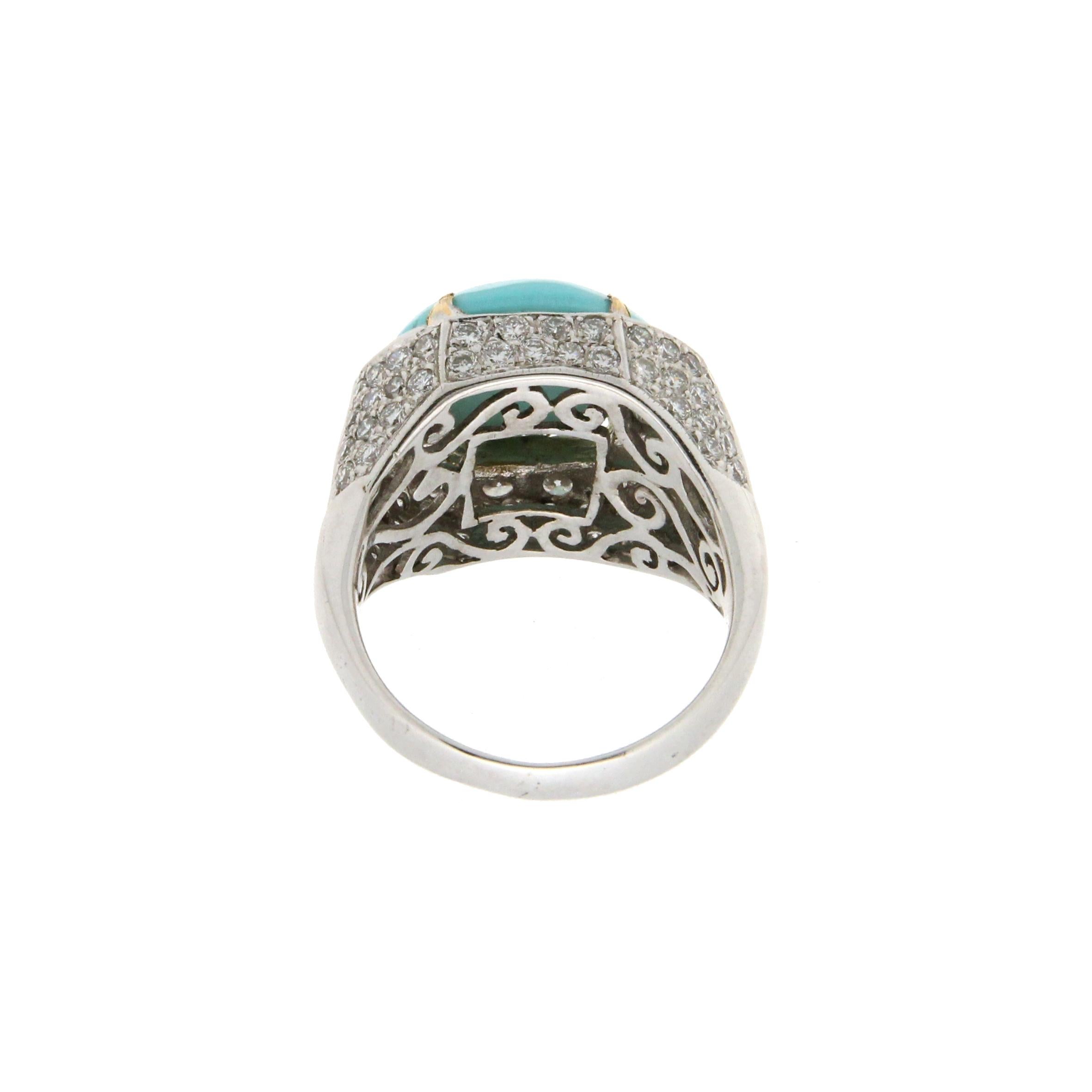 Handcraft Turquoise 18 Karat White Gold Diamonds Cocktail Ring In New Condition For Sale In Marcianise, IT