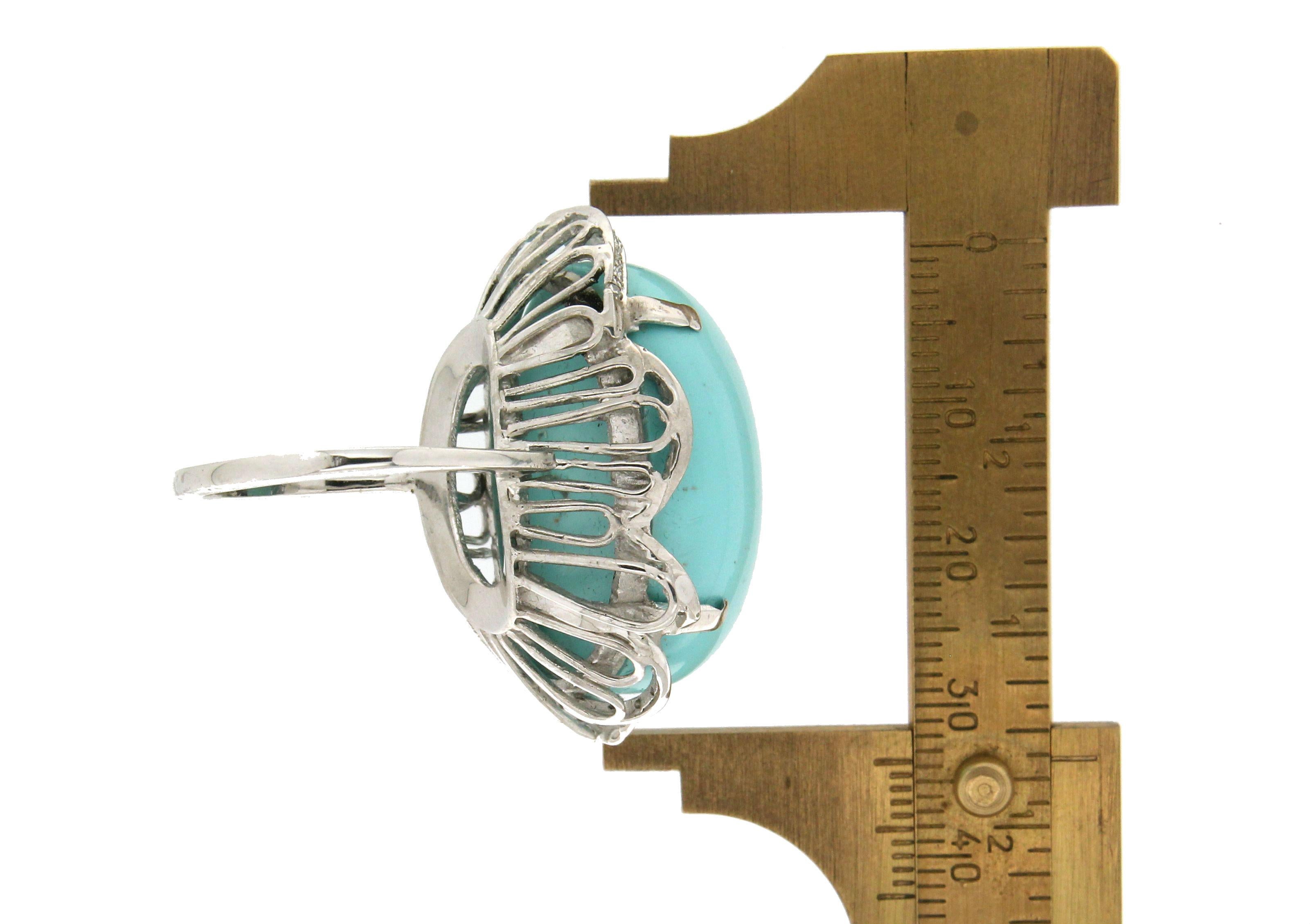 Women's Handcraft Turquoise 18 Karat White Gold Diamonds Cocktail Ring For Sale