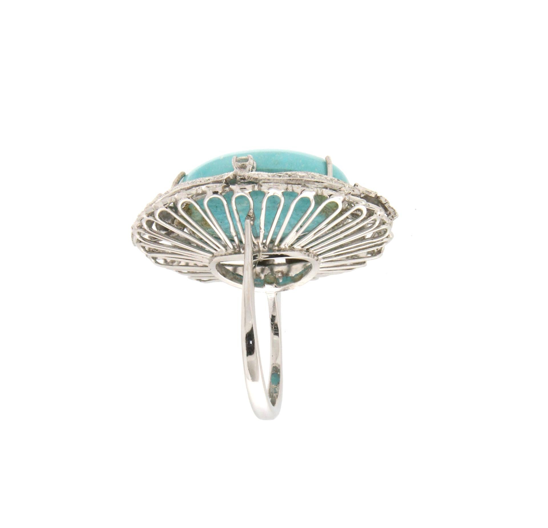 Women's or Men's Handcraft Turquoise 18 Karat White Gold Diamonds Cocktail Ring