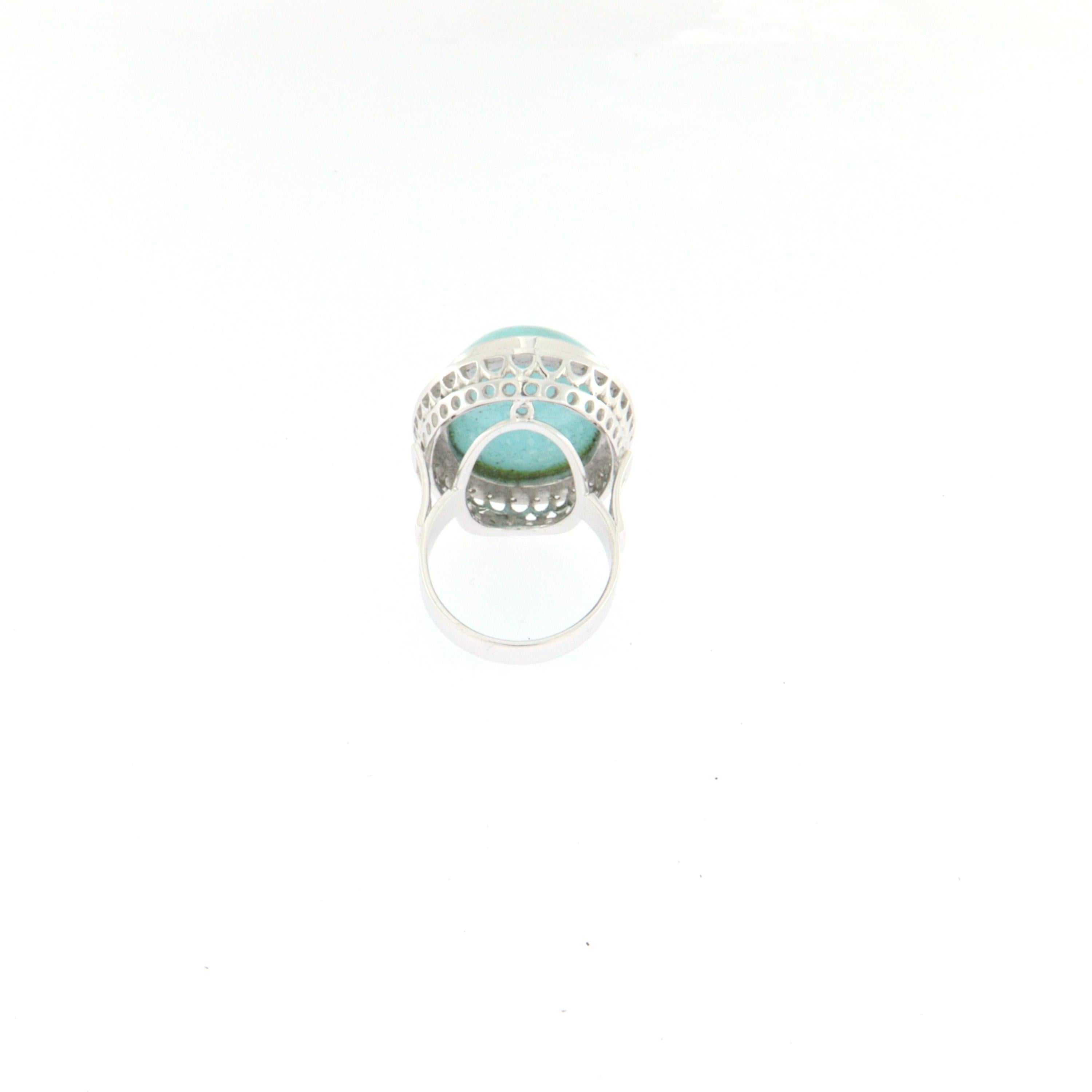 Women's Handcraft Turquoise 18 Karat White Gold Diamonds Cocktail Ring For Sale