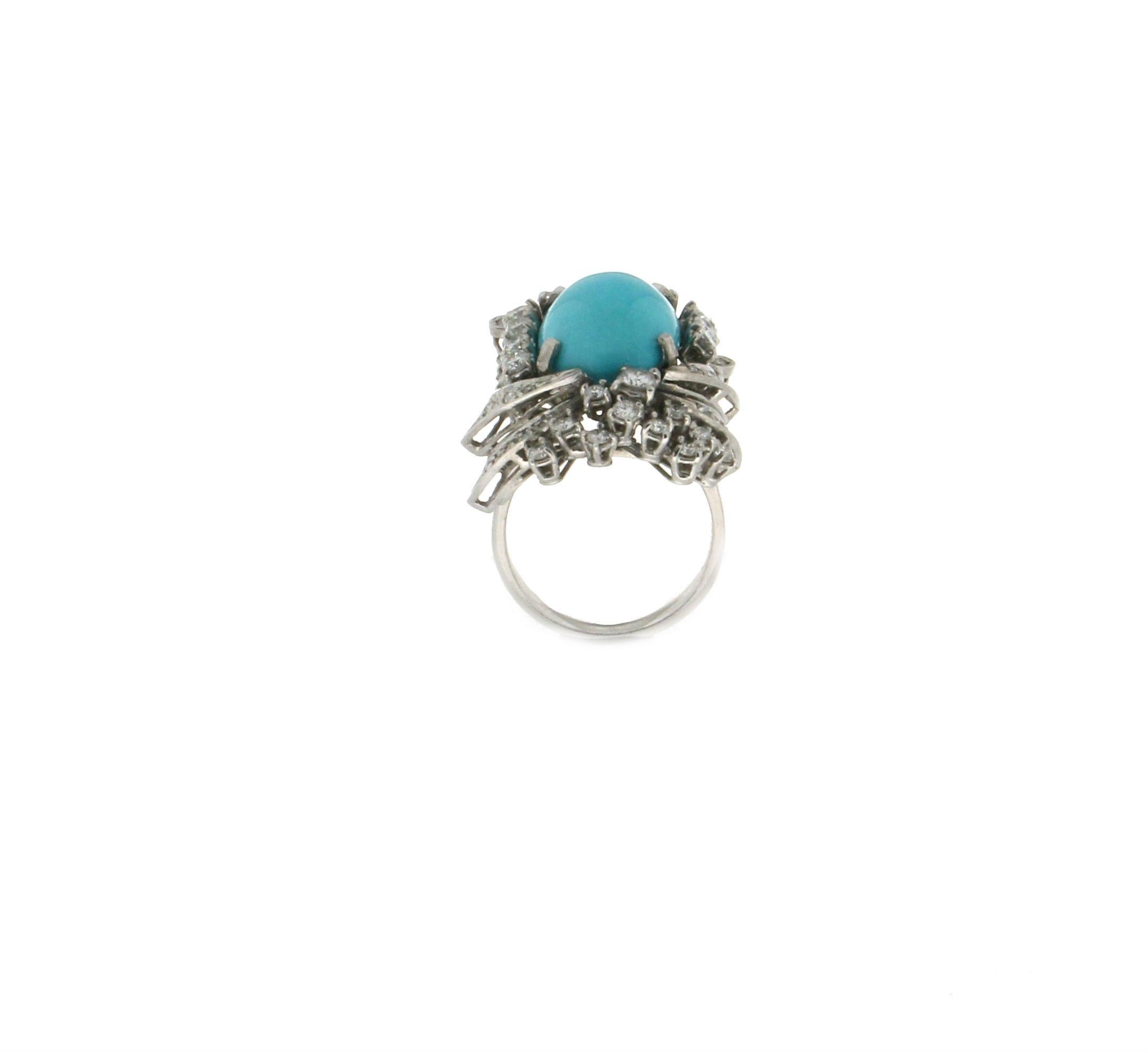 Women's Handcraft Turquoise 18 Karat White Gold Diamonds Cocktail Ring For Sale
