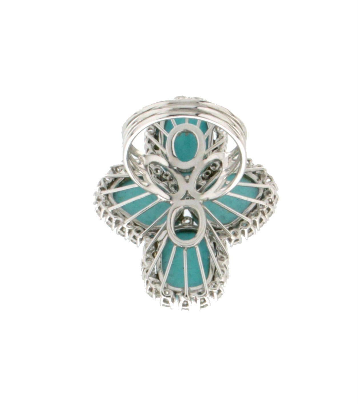 Women's or Men's Handcraft Turquoise 18 Karat White Gold Diamonds Cocktail Ring For Sale