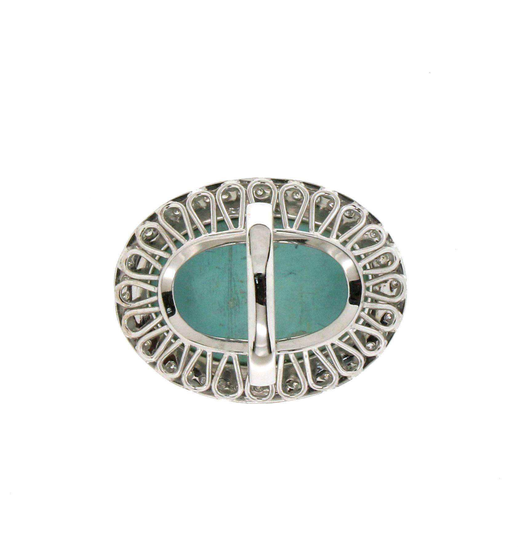 Women's or Men's Handcraft Turquoise 18 Karat White Gold Diamonds Cocktail Ring