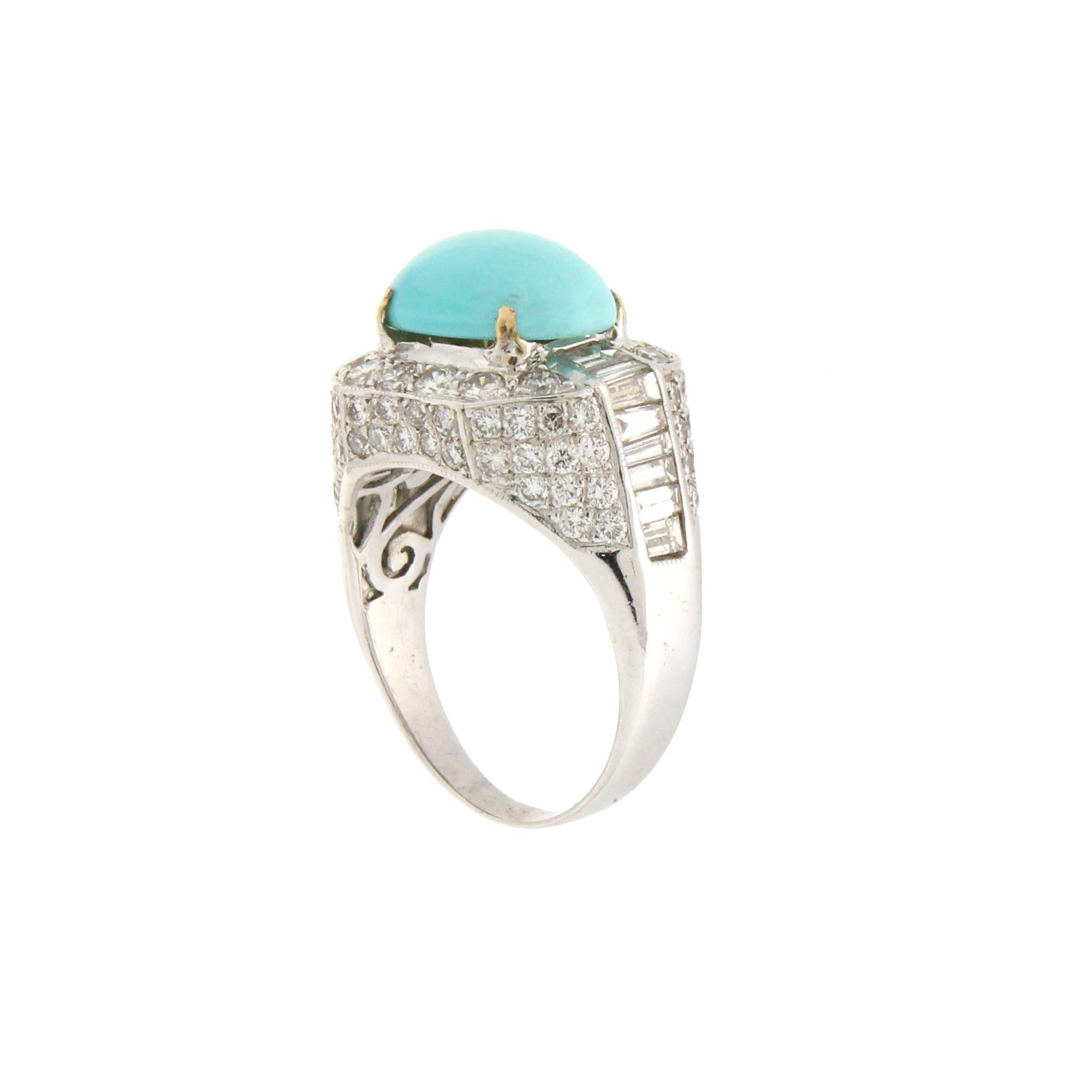 Women's Handcraft Turquoise 18 Karat White Gold Diamonds Cocktail Ring For Sale