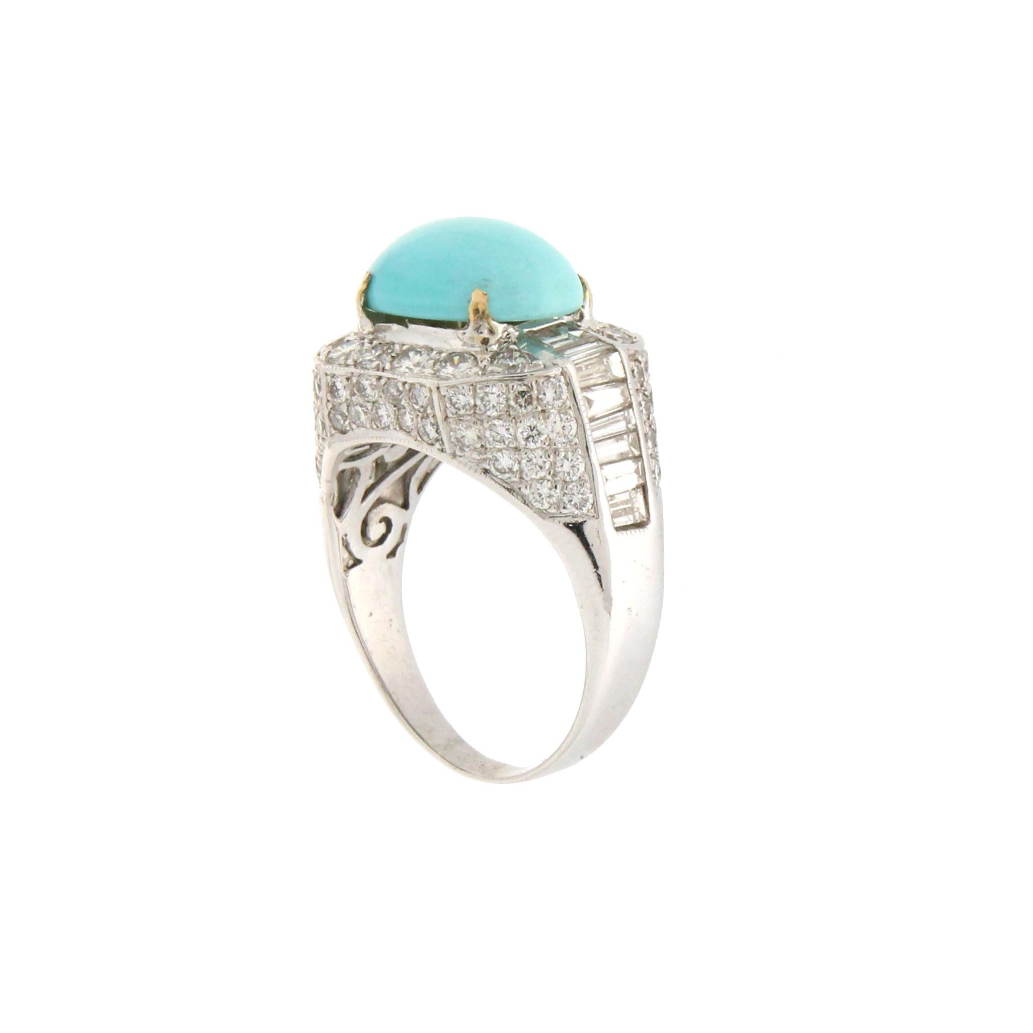 Bague cocktail artisanale en or blanc 18 carats avec turquoise et diamants Pour femmes en vente