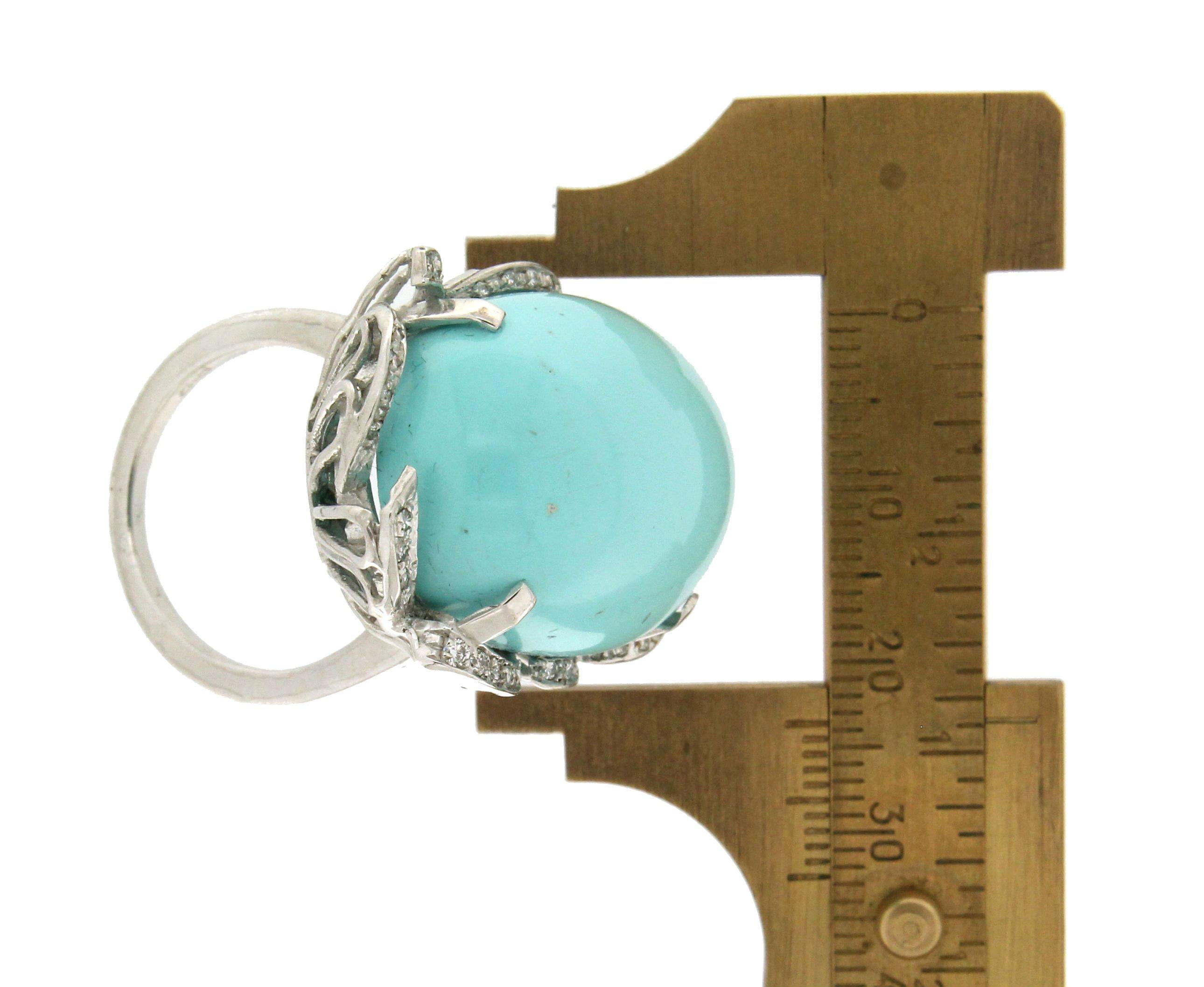 Handcraft Turquoise 18 Karat White Gold Diamonds Cocktail Ring For Sale 1