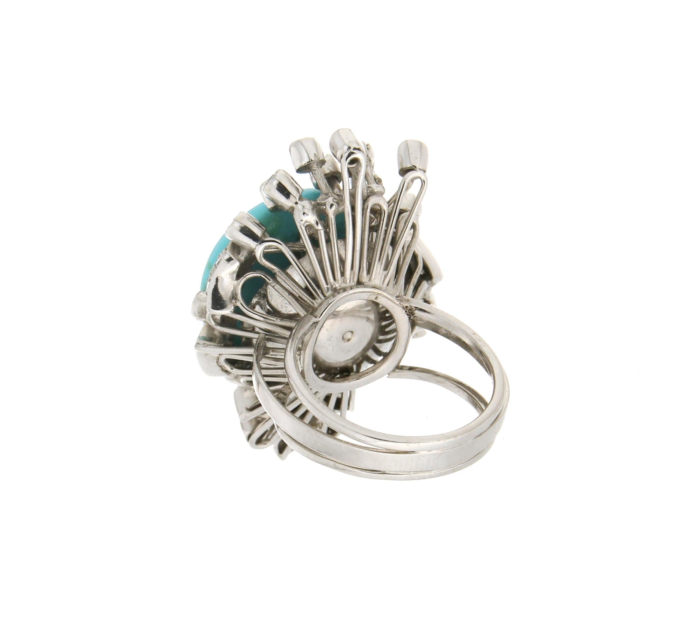 Handcraft Turquoise 18 Karat White Gold Diamonds Cocktail Ring For Sale 1
