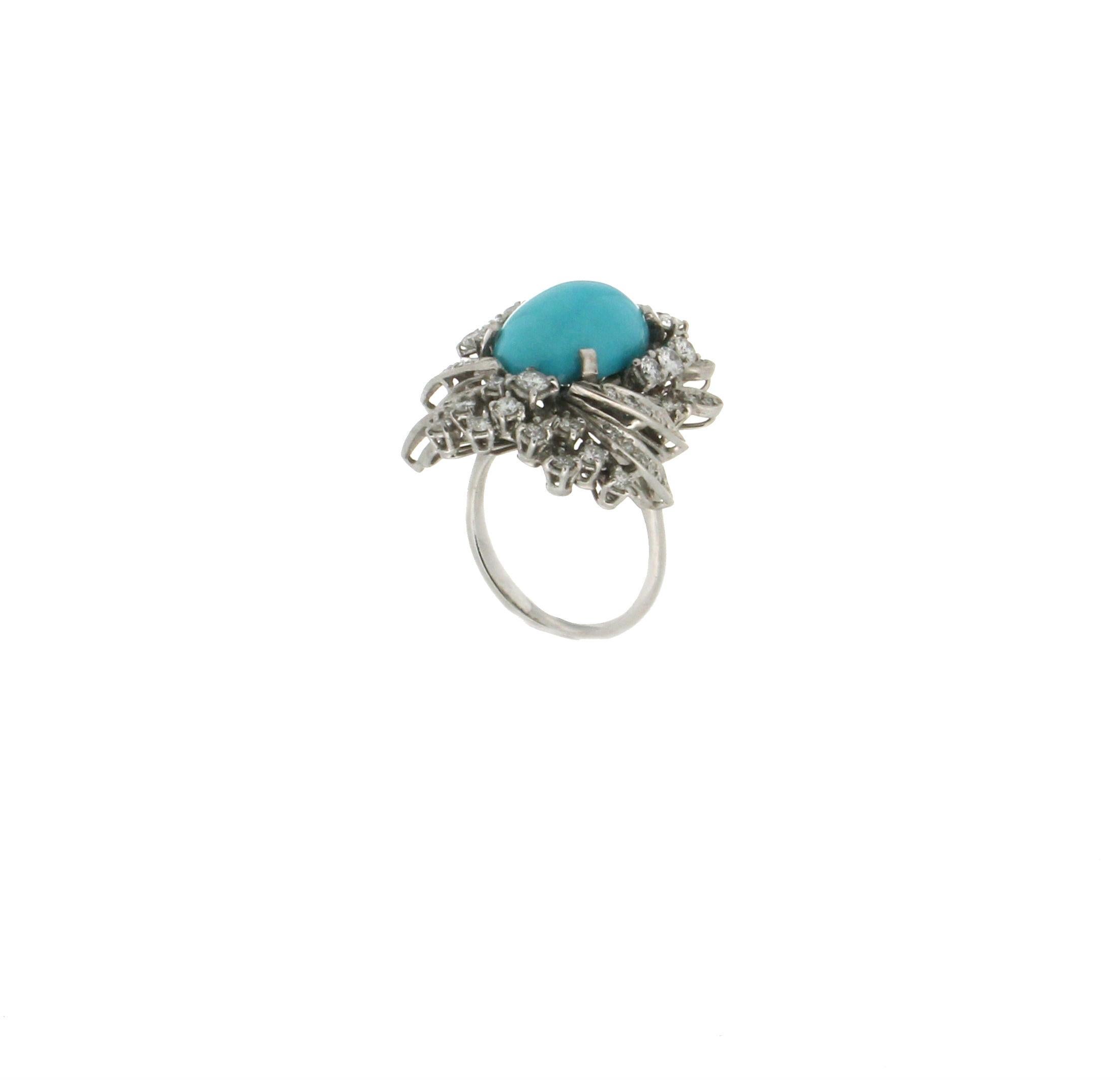 Handcraft Turquoise 18 Karat White Gold Diamonds Cocktail Ring For Sale 1