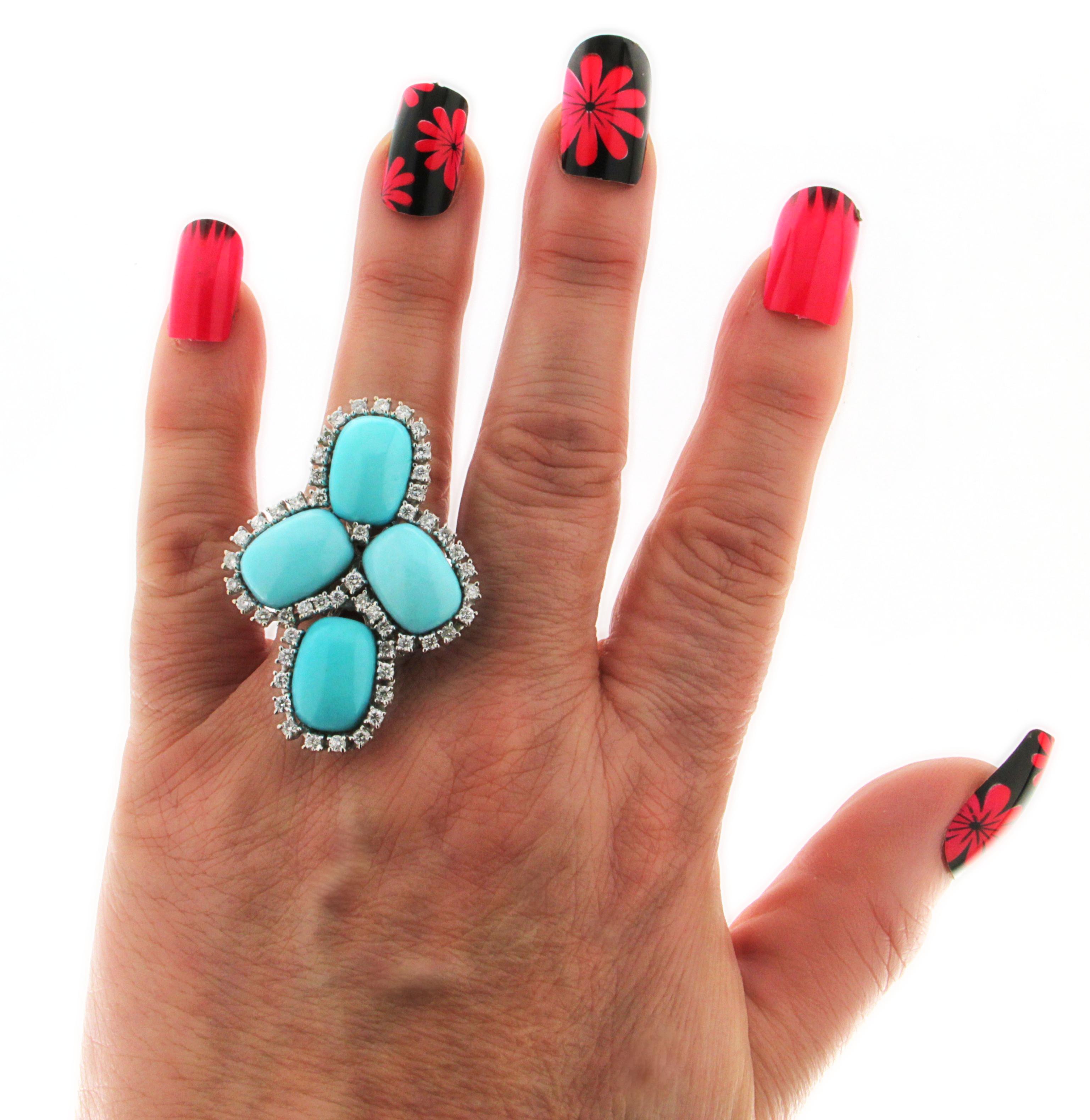 Handcraft Turquoise 18 Karat White Gold Diamonds Cocktail Ring For Sale 1