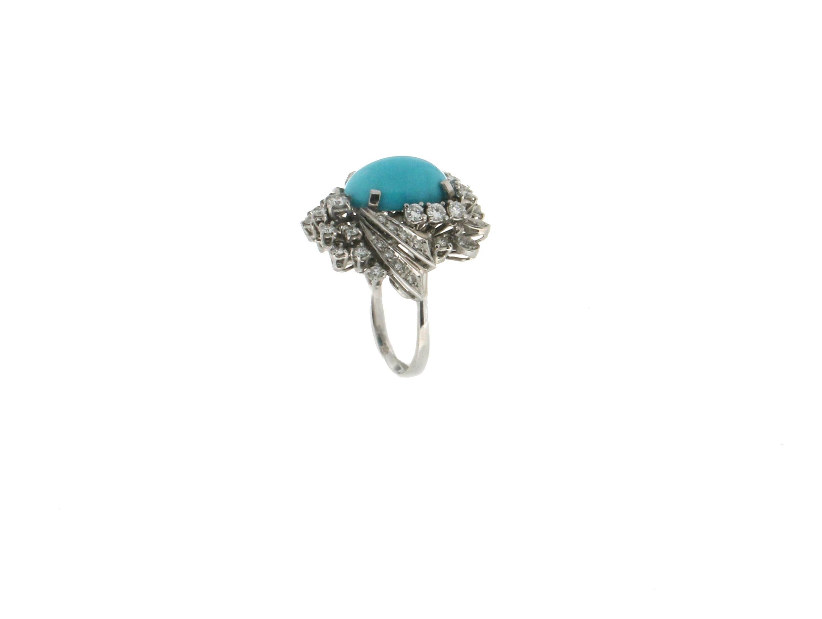 Handcraft Turquoise 18 Karat White Gold Diamonds Cocktail Ring For Sale 2