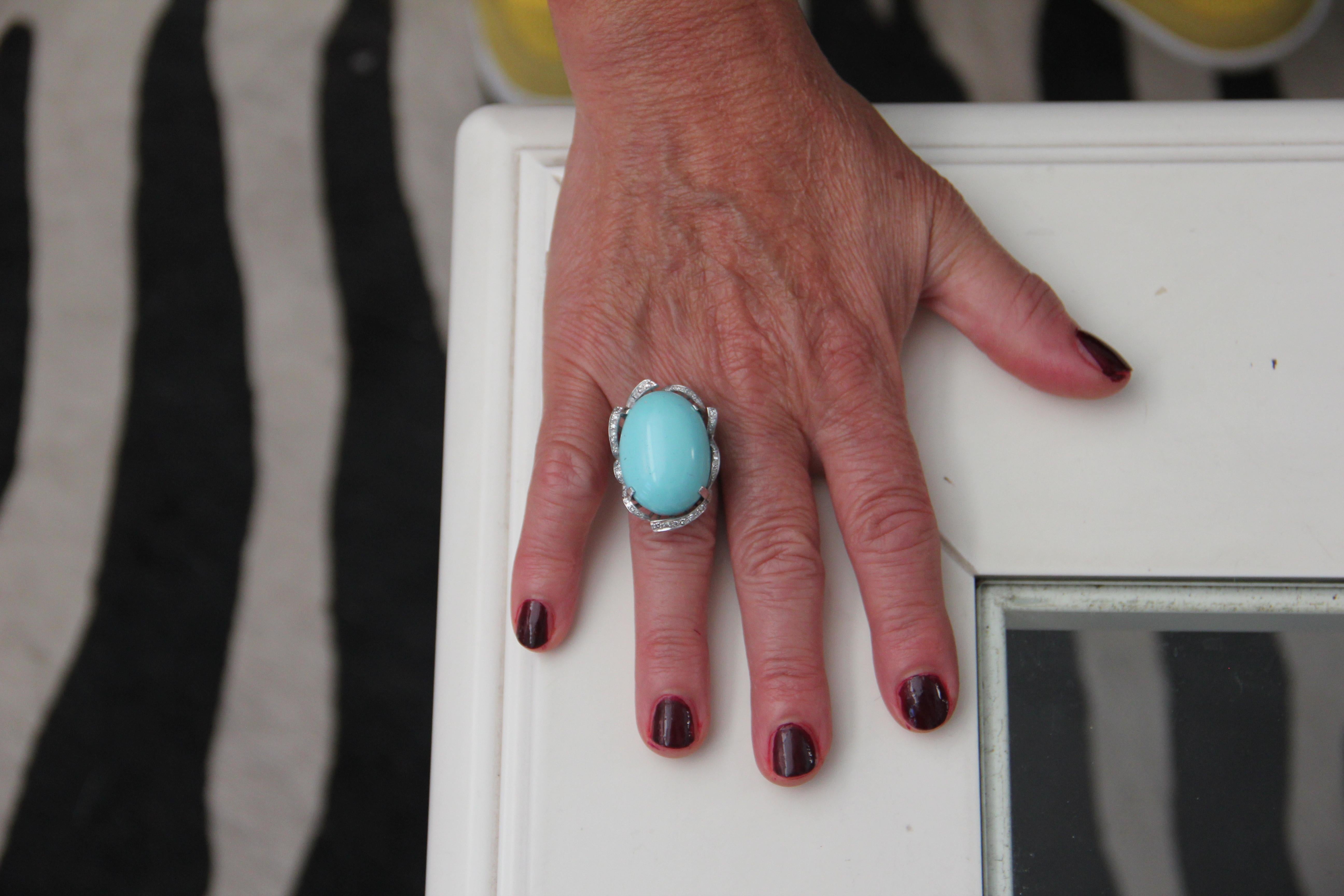 Handcraft Turquoise 18 Karat White Gold Diamonds Cocktail Ring For Sale 3