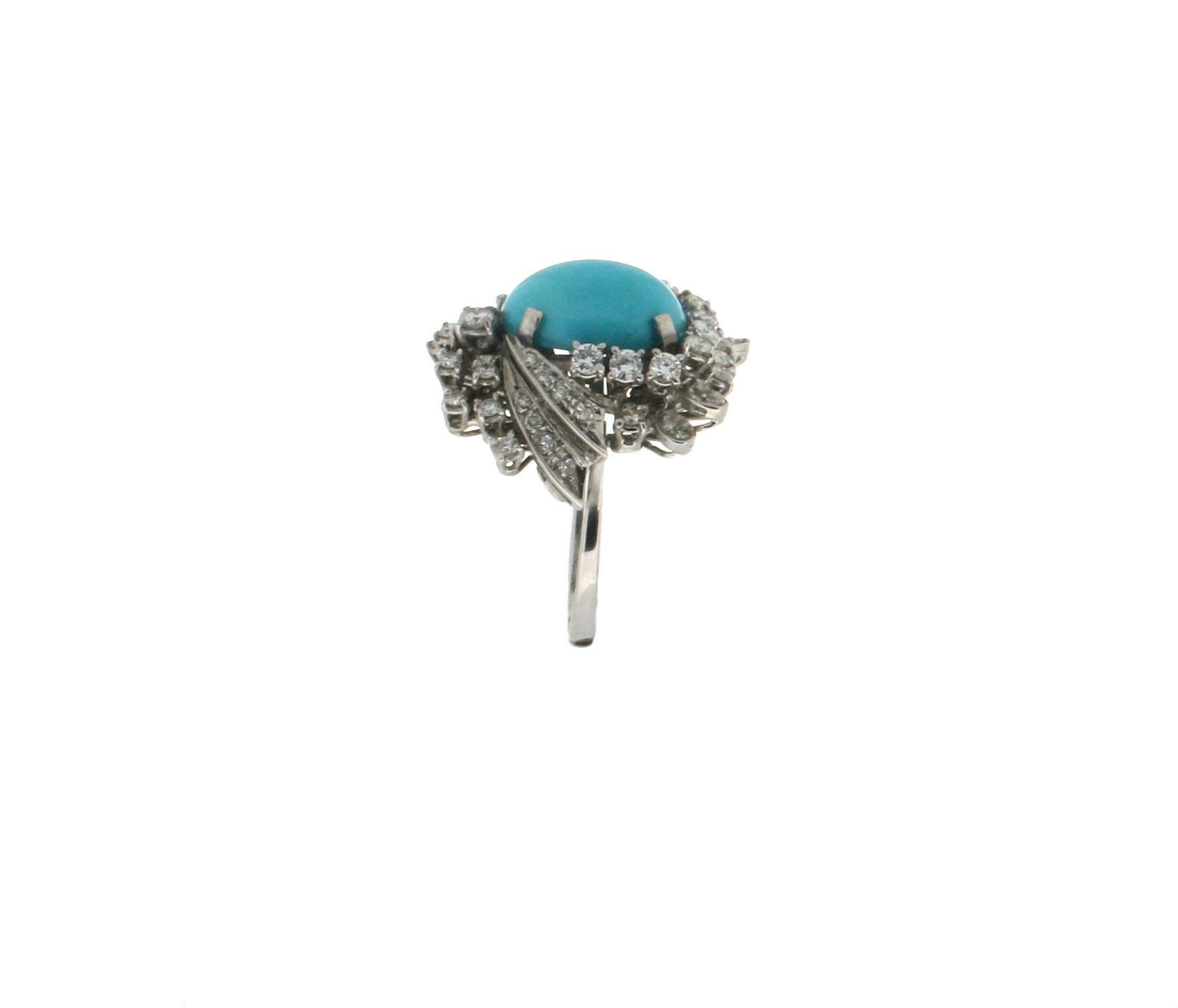 Handcraft Turquoise 18 Karat White Gold Diamonds Cocktail Ring For Sale 3