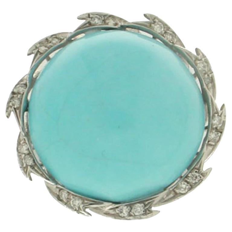 Handcraft Turquoise 18 Karat White Gold Diamonds Cocktail Ring