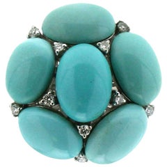 Handcraft Turquoise 18 Karat White Gold Diamonds Cocktail Ring