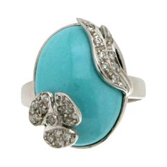 Handcraft Turquoise 18 Karat White Gold Diamonds Cocktail Ring