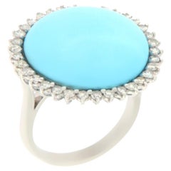 Handcraft Turquoise 18 Karat White Gold Diamonds Cocktail Ring