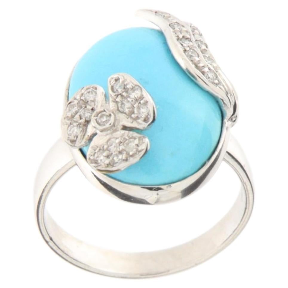 Bague de cocktail contemporaine en or 18 carats, de style Art déco, sertie de diamants naturels et de turquoise