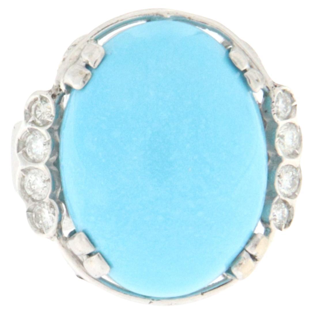 Handcraft Turquoise 18 Karat White Gold Diamonds Cocktail Ring For Sale
