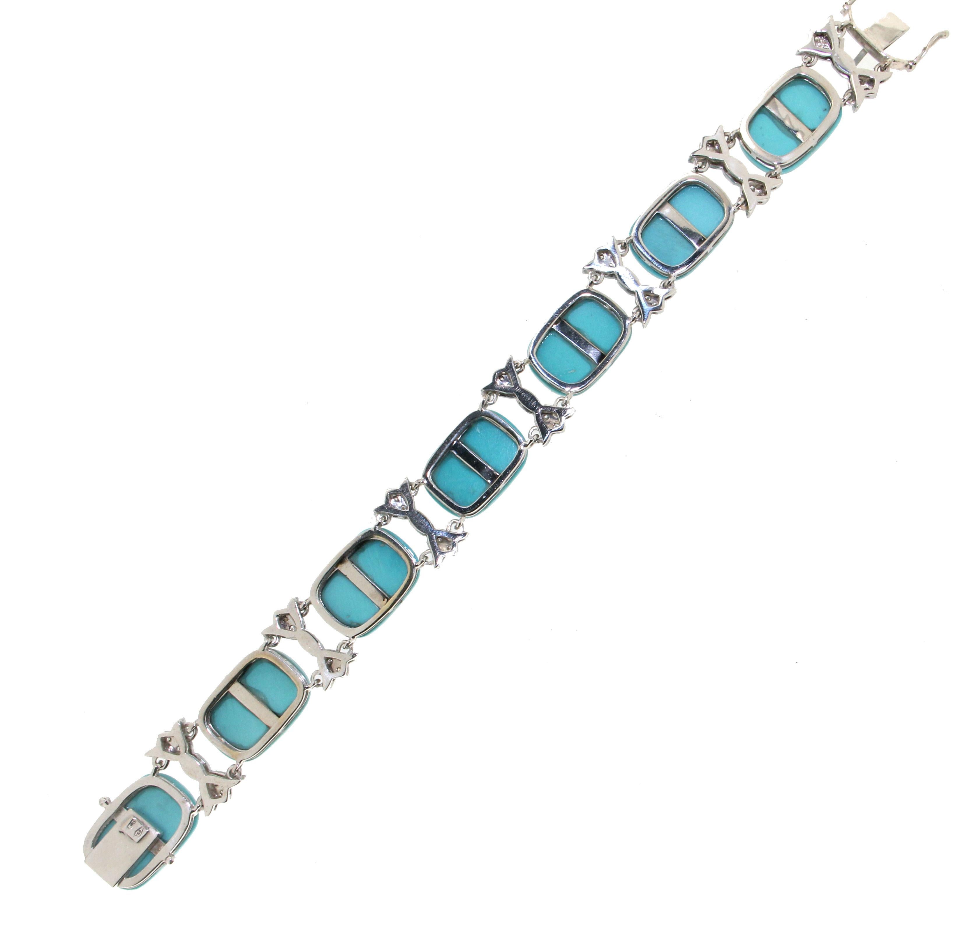 Handcraft Turquoise 18 Karat White Gold Diamonds Cuff Bracelet In New Condition For Sale In Marcianise, IT