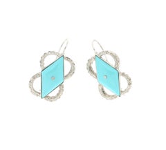 Handcraft Turquoise 18 Karat White Gold Diamonds Drop Earrings