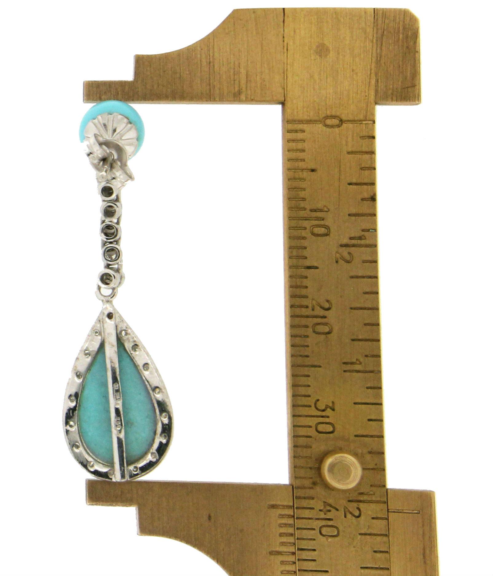 Artisan Handcraft Turquoise 18 Karat White Gold Diamonds Drop Earrings