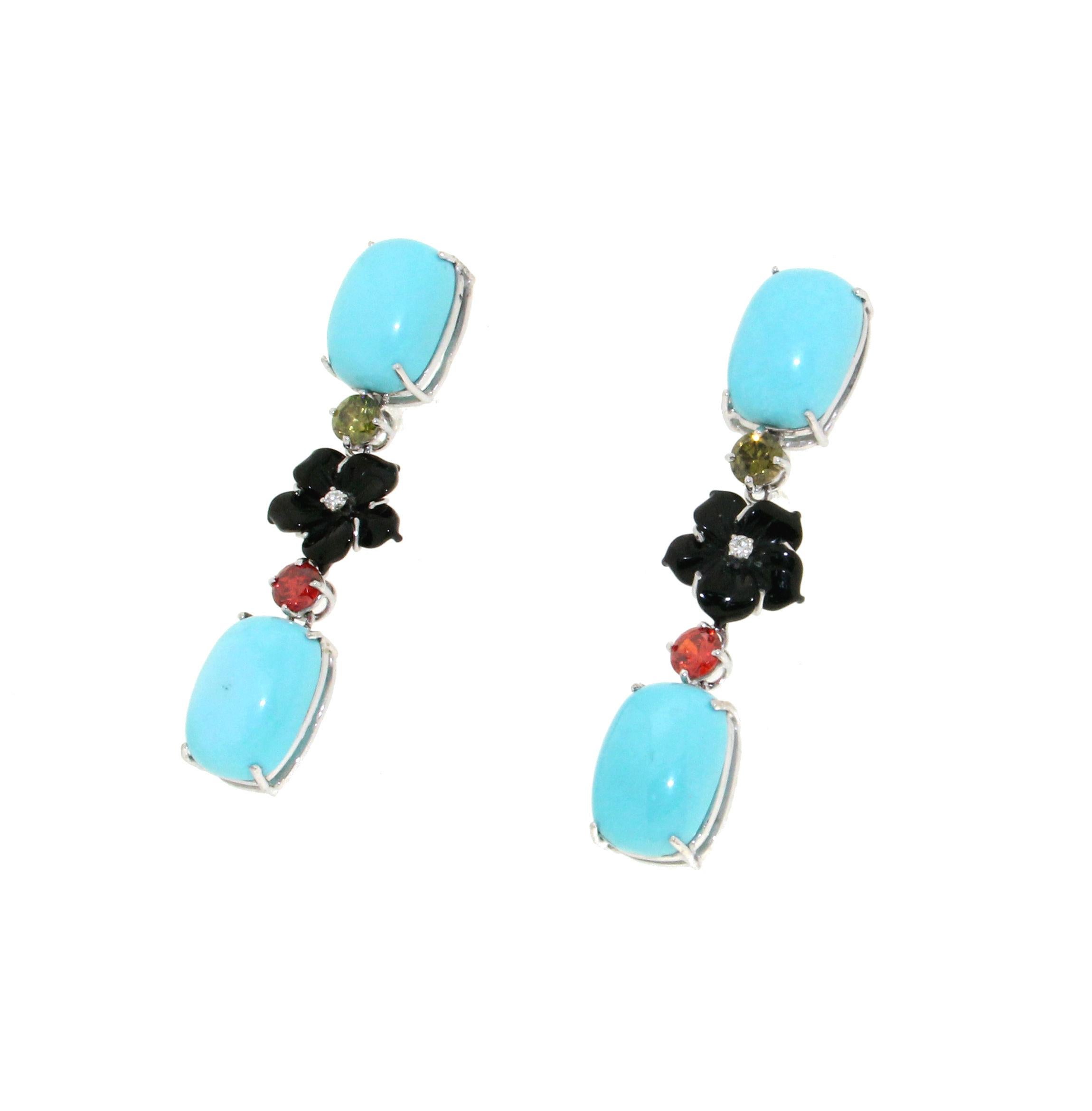 Artisan Handcraft Turquoise 18 Karat White Gold Diamonds Drop Earrings For Sale