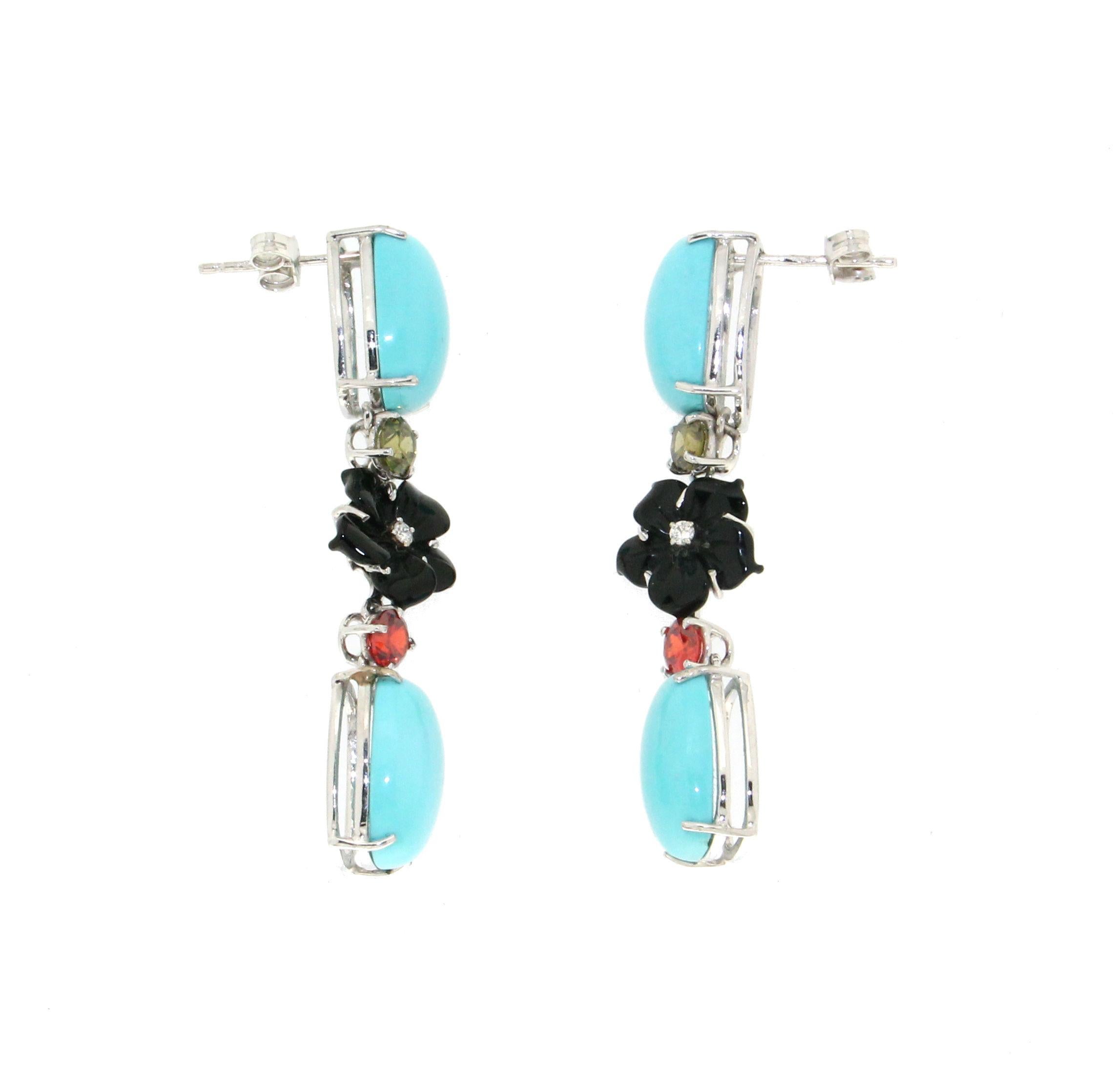 Brilliant Cut Handcraft Turquoise 18 Karat White Gold Diamonds Drop Earrings For Sale