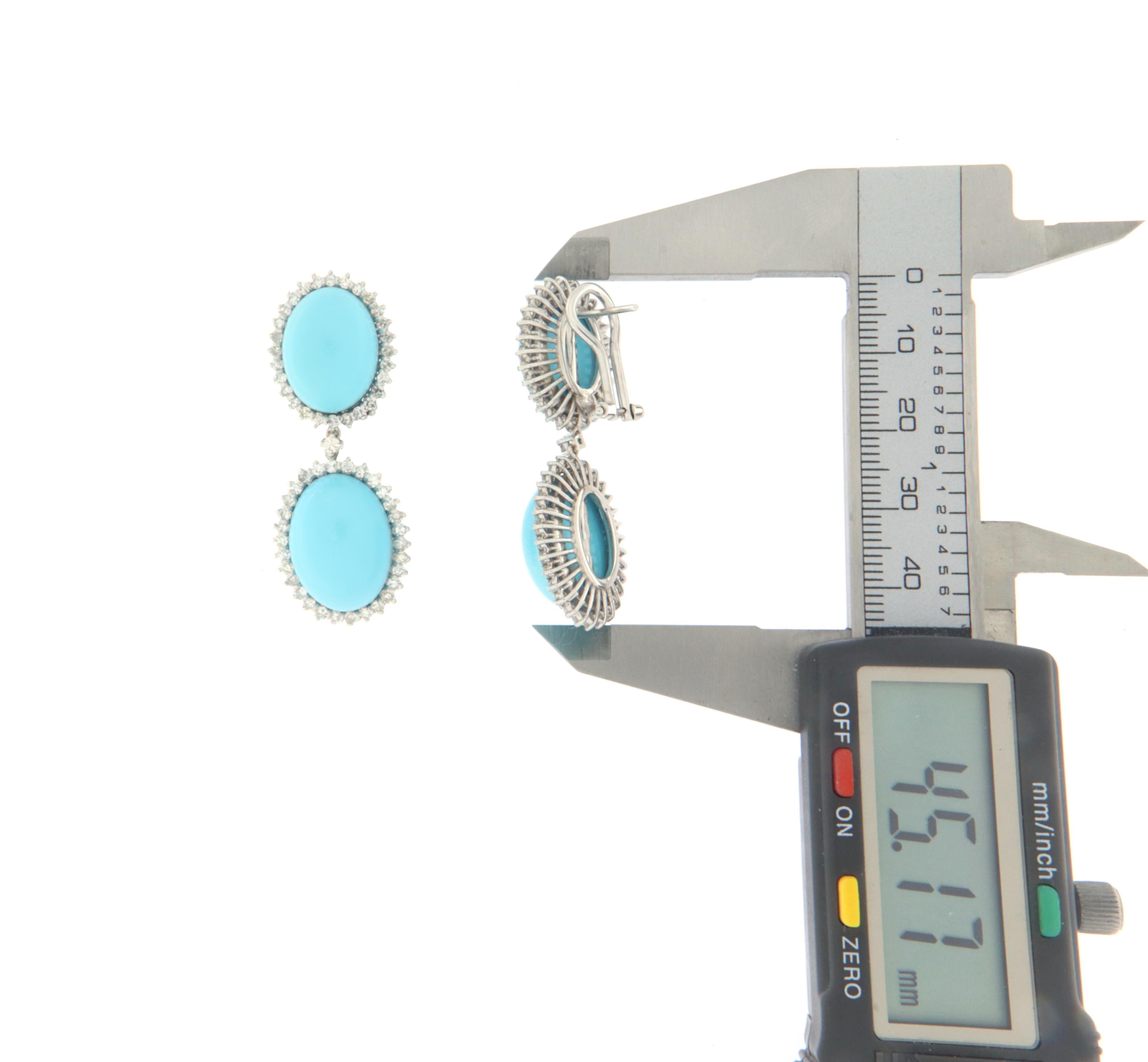 Handcraft Turquoise 18 Karat White Gold Diamonds Drop Earrings In New Condition For Sale In Marcianise, IT
