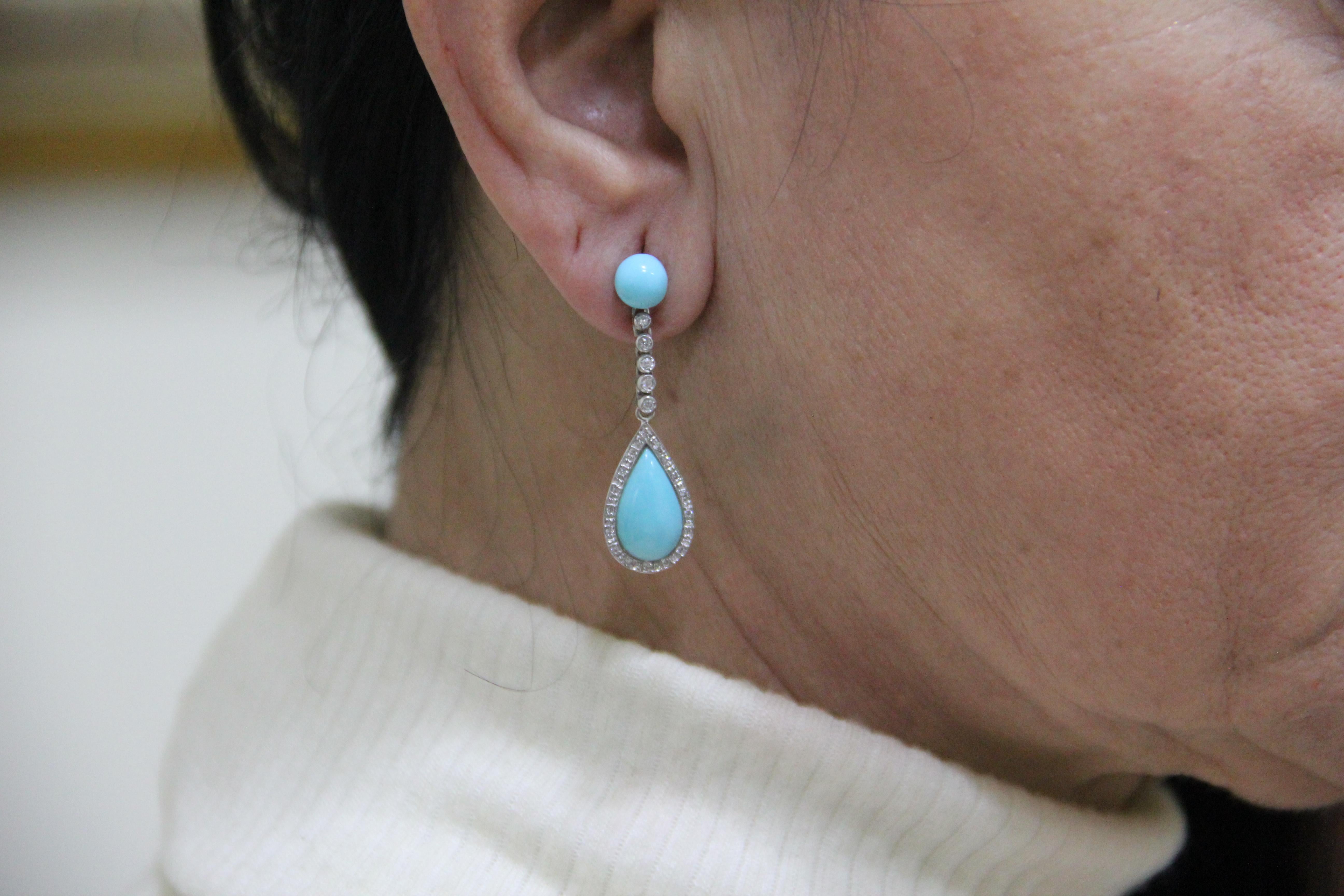 Women's or Men's Handcraft Turquoise 18 Karat White Gold Diamonds Drop Earrings