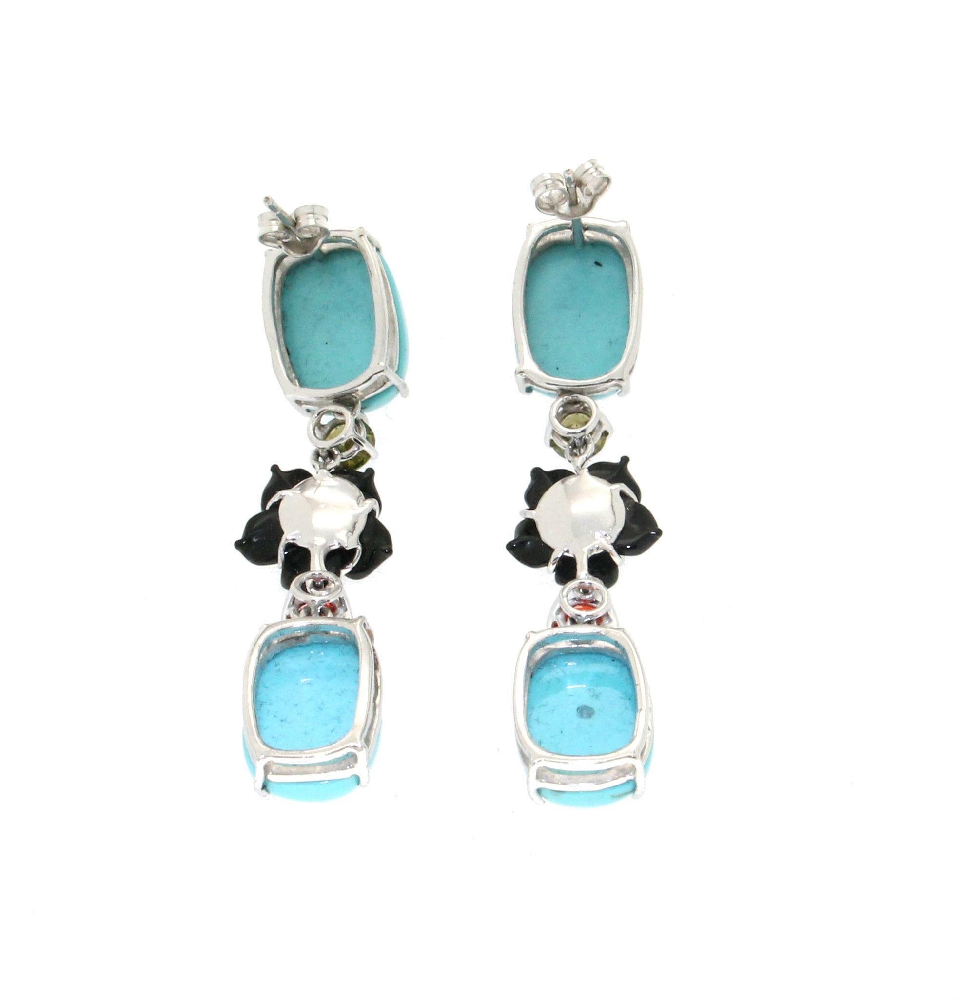Handcraft Turquoise 18 Karat White Gold Diamonds Drop Earrings In New Condition For Sale In Marcianise, IT
