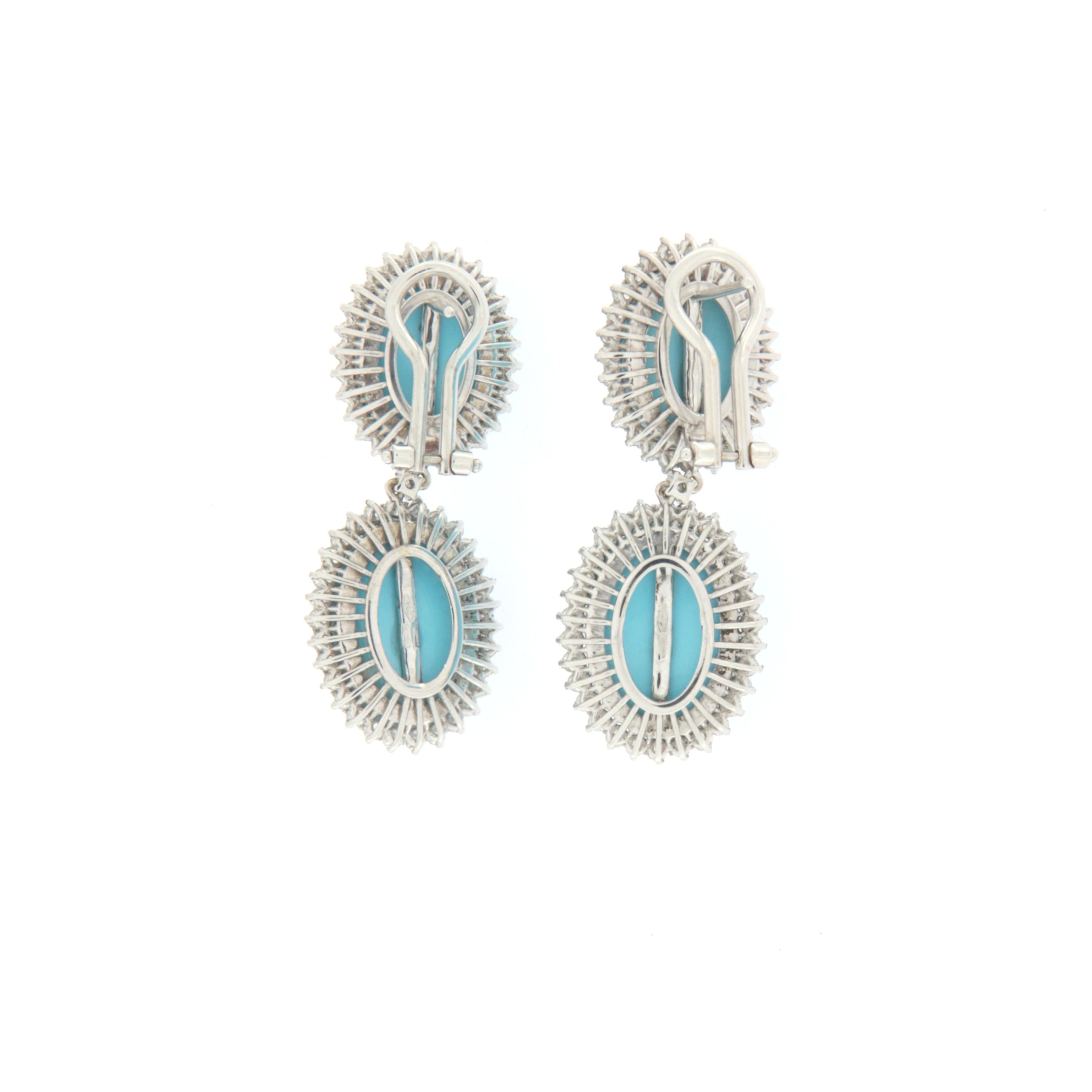 Women's Handcraft Turquoise 18 Karat White Gold Diamonds Drop Earrings For Sale
