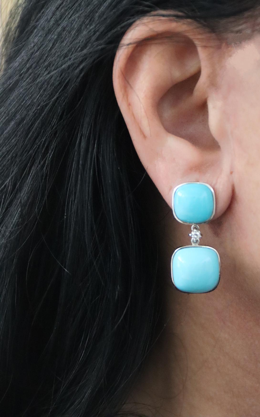 Handcraft Turquoise 18 Karat White Gold Diamonds Drop Earrings 1