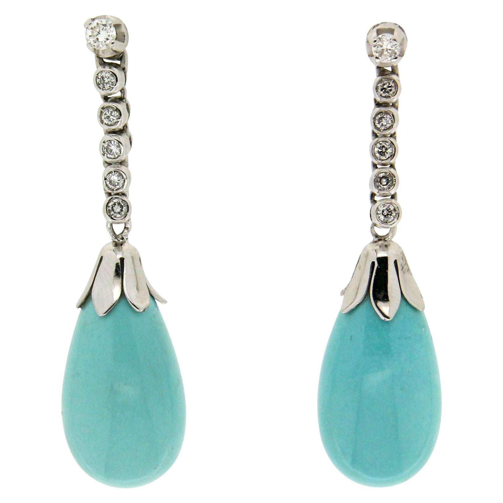 Handcraft Turquoise 18 Karat White Gold Diamonds Drop Earrings