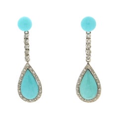 Handcraft Turquoise 18 Karat White Gold Diamonds Drop Earrings