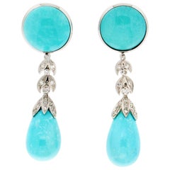 Handcraft Turquoise 18 Karat White Gold Diamonds Drop Earrings