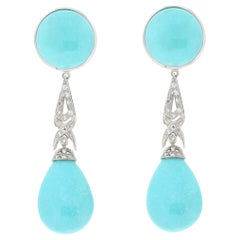 Handcraft Turquoise 18 Karat White Gold Diamonds Drop Earrings