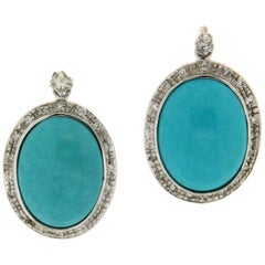 Handcraft Turquoise 18 Karat White Gold Diamonds Drop Earrings