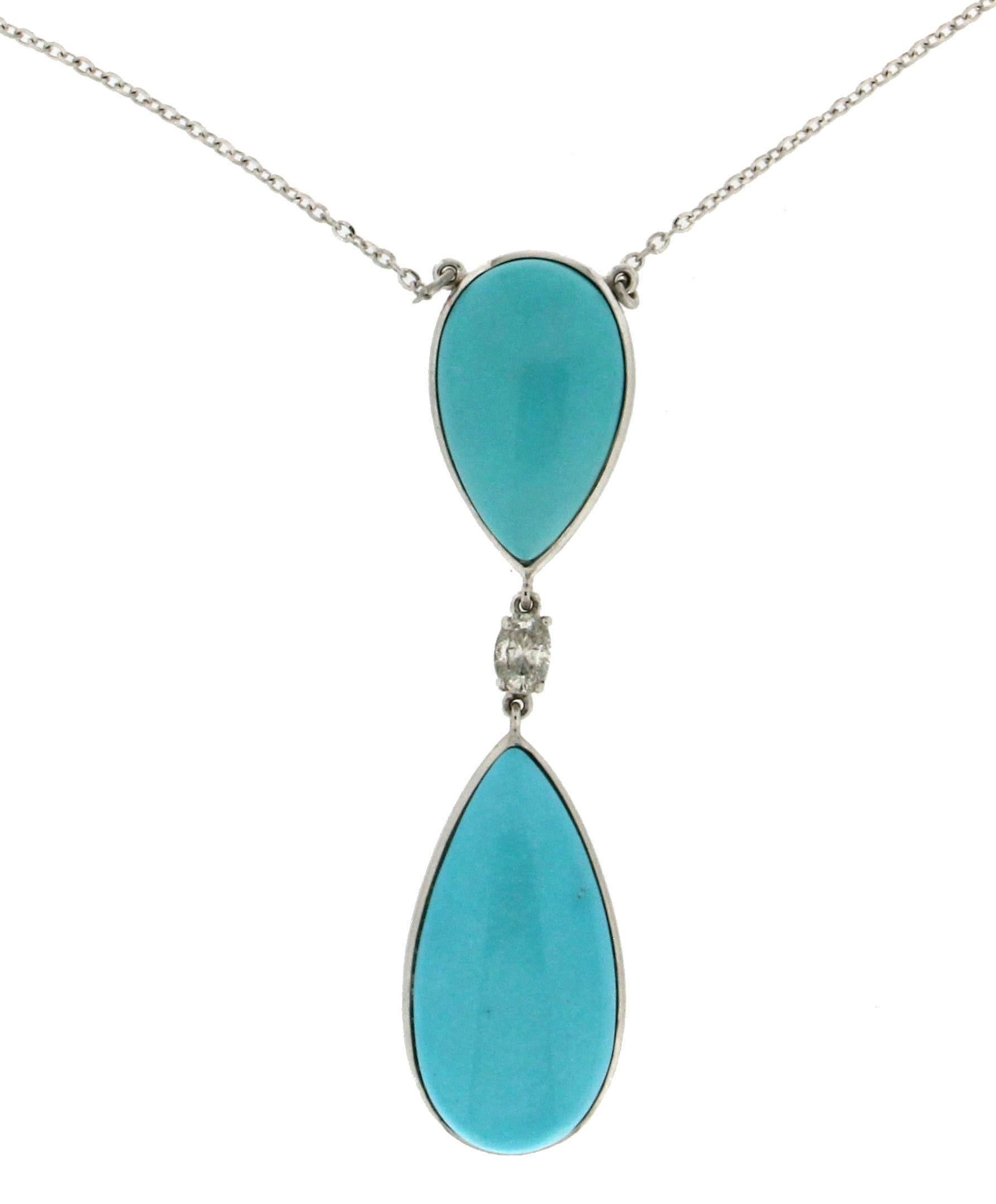 Artisan Handcraft Turquoise 18 Karat White Gold Diamonds Drop Necklace For Sale