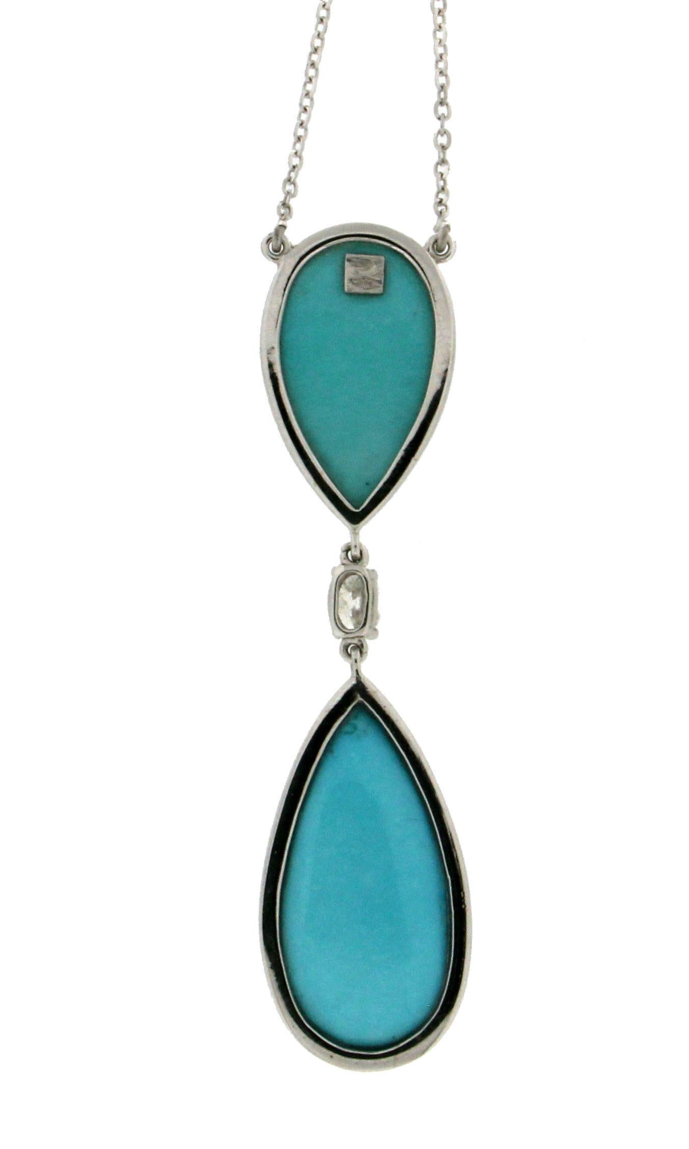 Marquise Cut Handcraft Turquoise 18 Karat White Gold Diamonds Drop Necklace For Sale