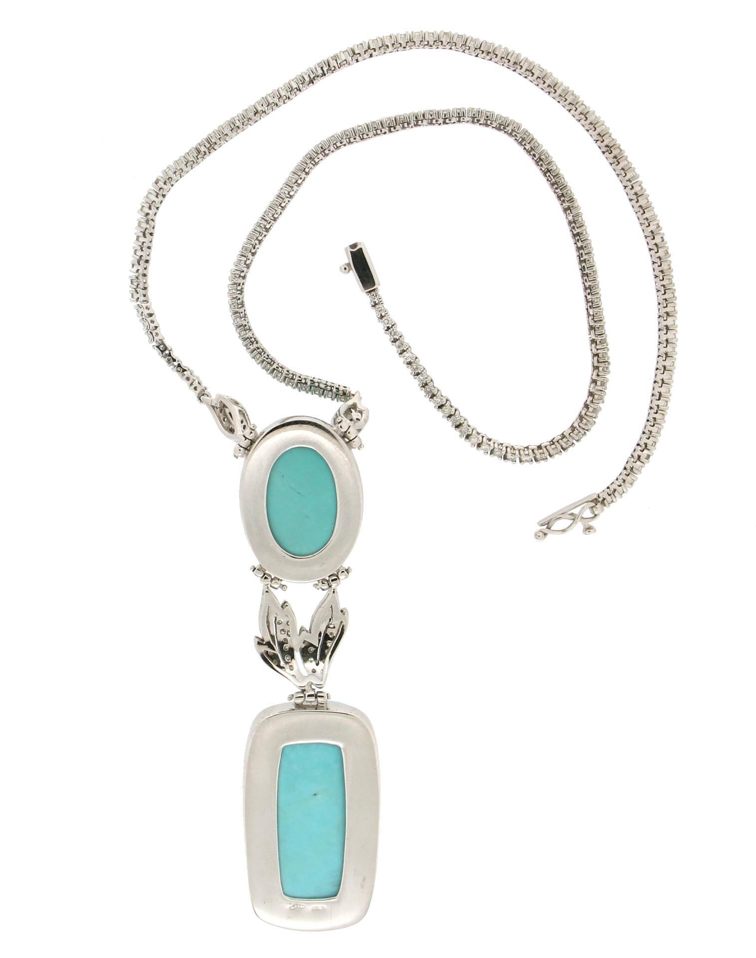 Handcraft Turquoise 18 Karat White Gold Diamonds Drop Necklace In New Condition In Marcianise, IT