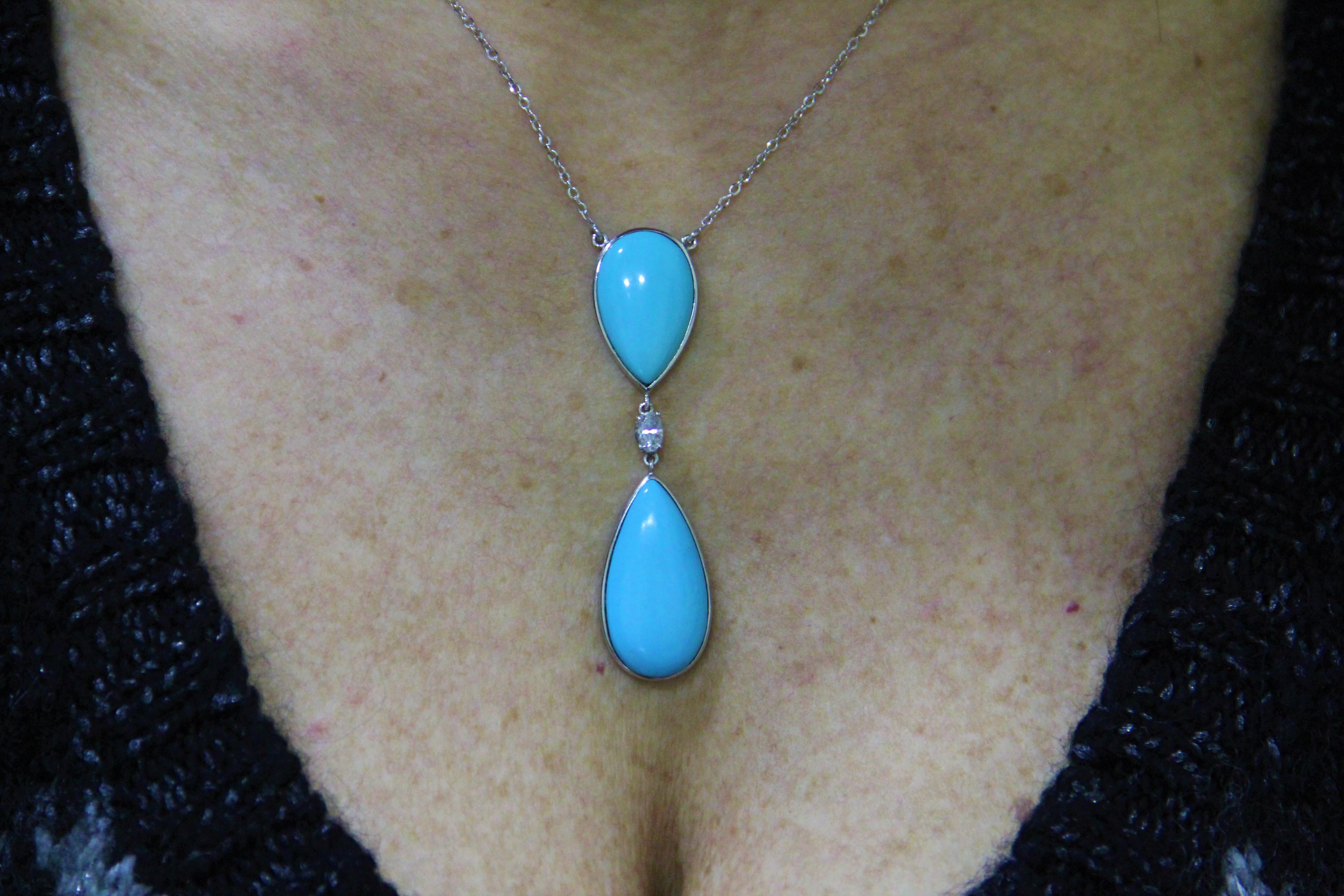 Handcraft Turquoise 18 Karat White Gold Diamonds Drop Necklace For Sale 1